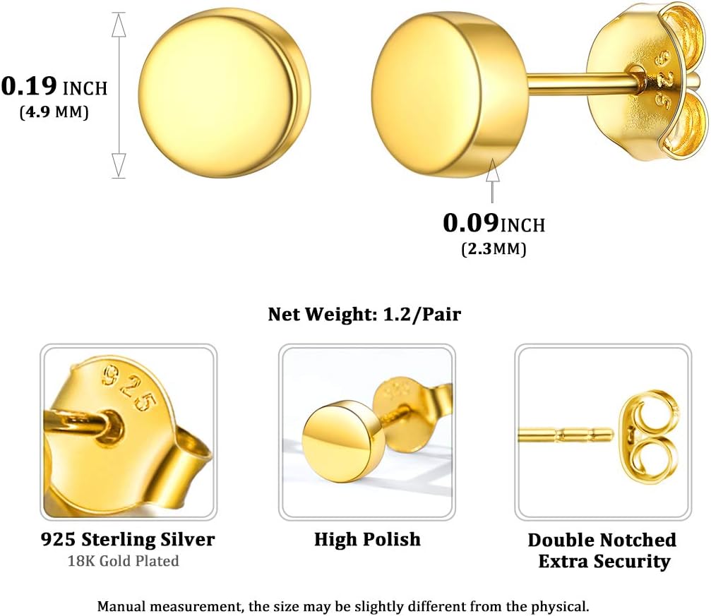 Tiny Dot Round Disc Stud Earrings Details: Dimensions, Hypoallergenic, Push Back.