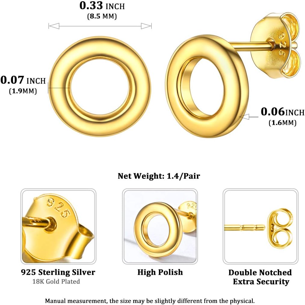 Dainty Simple Circle Stud Earrings Details: Dimensions, Hypoallergenic, Push Back Finding.