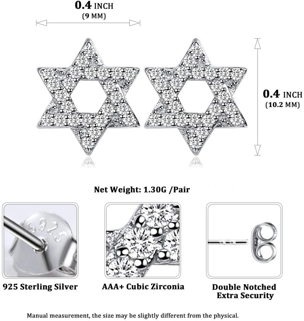Tiny Cubic Zirconia Star of David Stud Earrings for Women Details: Dimensions, Hypoallergenic, Push Back Finding