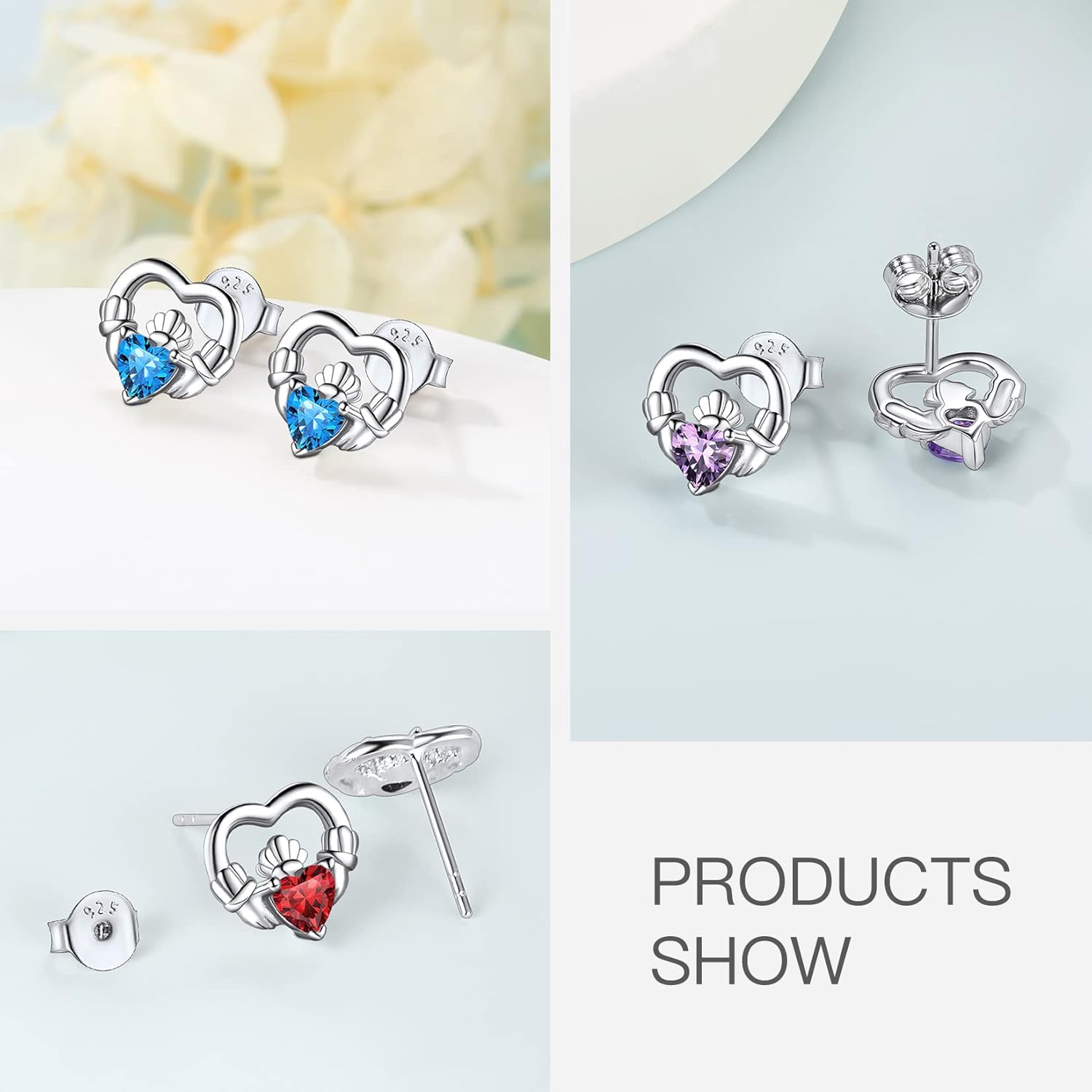 Dainty Claddagh Celtic Heart Stud Earrings in Different Month Colors