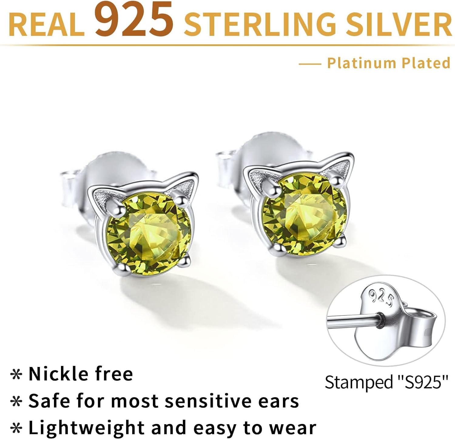 Cute Cat Diamond Birthstone Stud Earrings for women,  august birthstone, Peridot Earrings, Leo Birthstone, Virgo Birthstone, sterling silver jewelry, gift idea