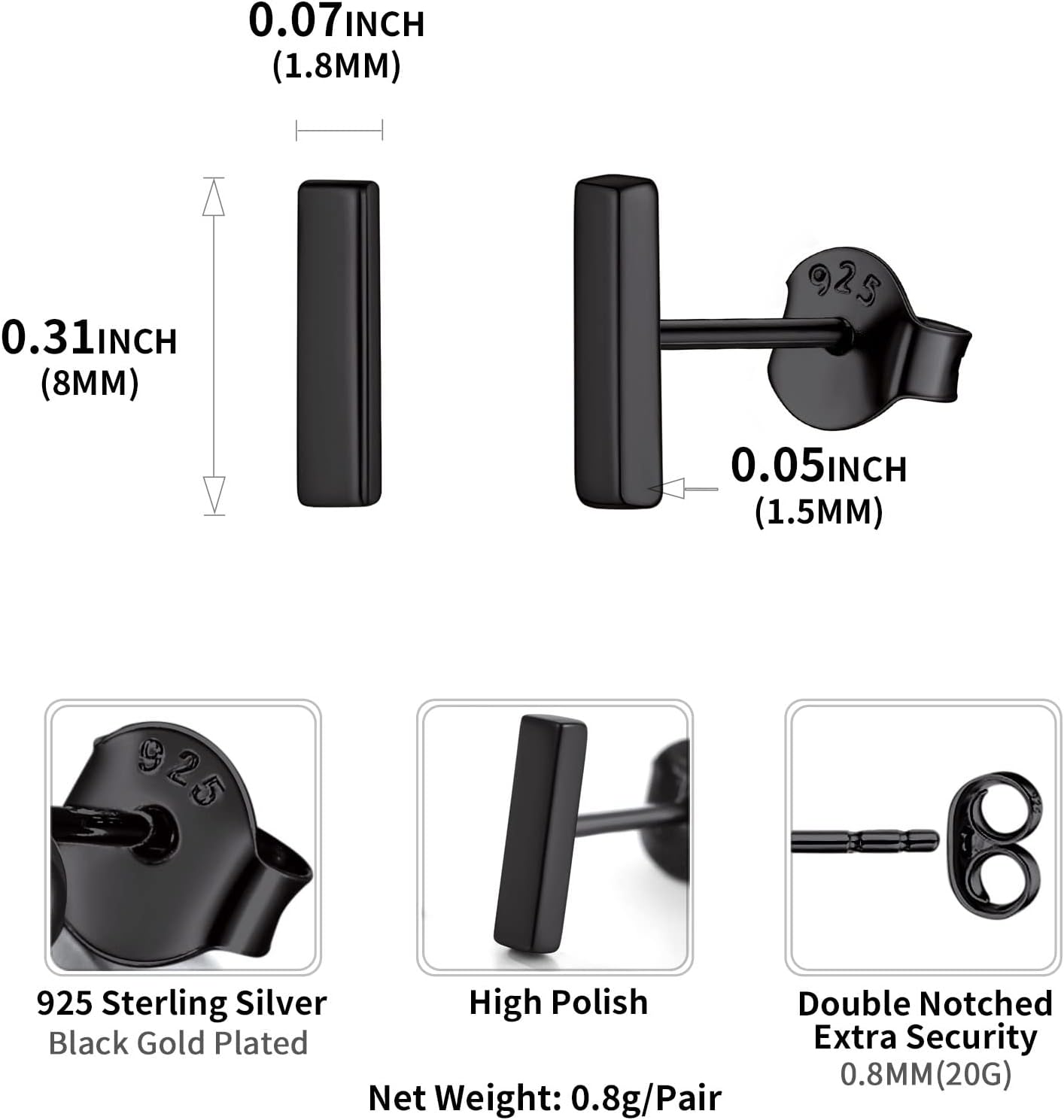 Dainty Simple Bar Stud Earrings Details: Dimensions, Hypoallergenic, Push Back Finding.