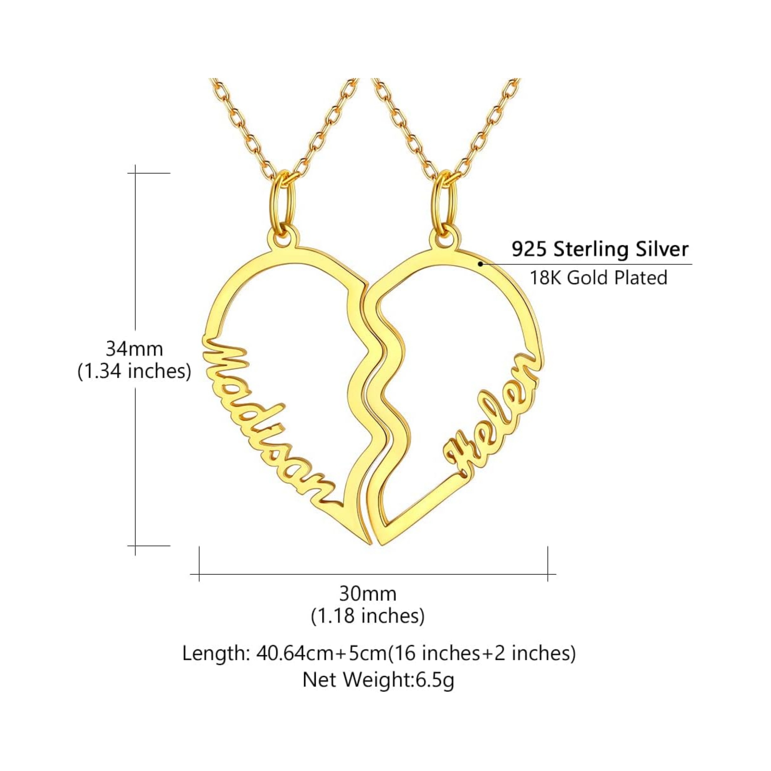 Personalized Split Heart Matching Friendship Couple Necklaces Details: Dimensions, Hypoallergenic, Lobster-Claw-Clasps