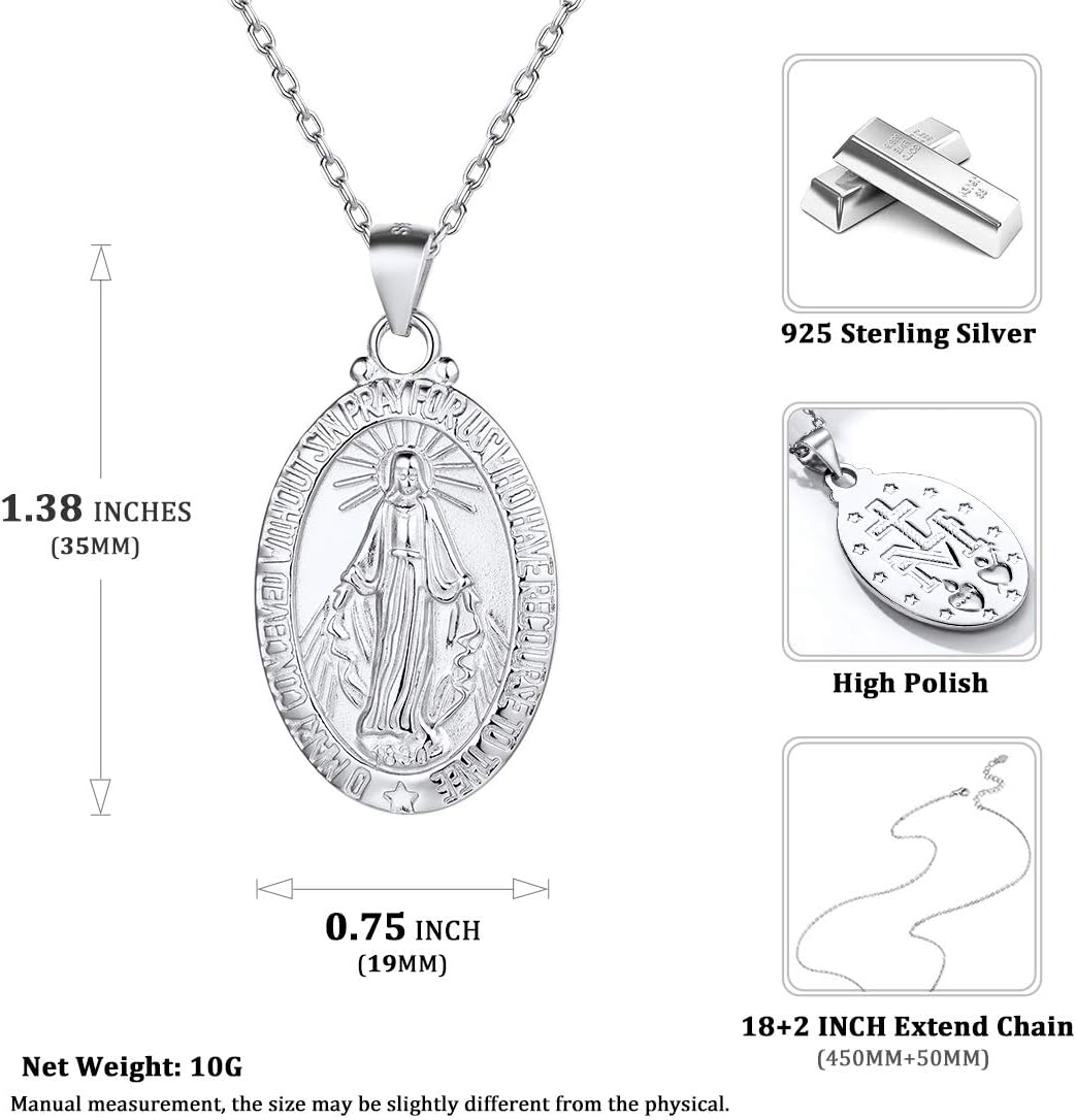 Religious Christian Oval Medal Virgin Mary Necklace Details: Dimensions, Hypoallergenic, Lobster-Claw-Clasps