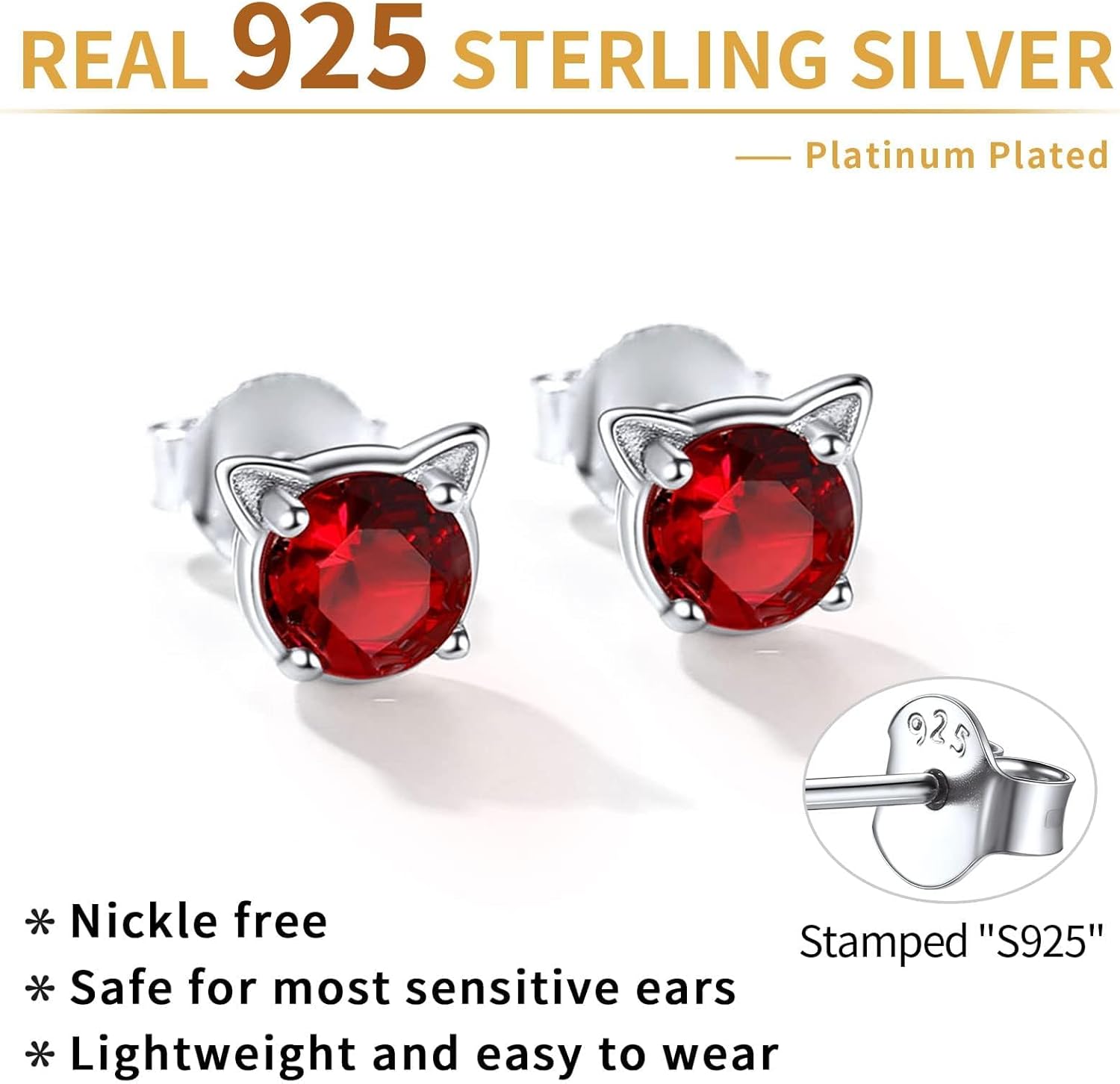 Cute Cat Diamond Birthstone Stud Earrings for women, jan birthstone, Garnet birthstone, Capricorn Birthstone, Aquarius Birthstone, sterling silver jewelry, gift idea