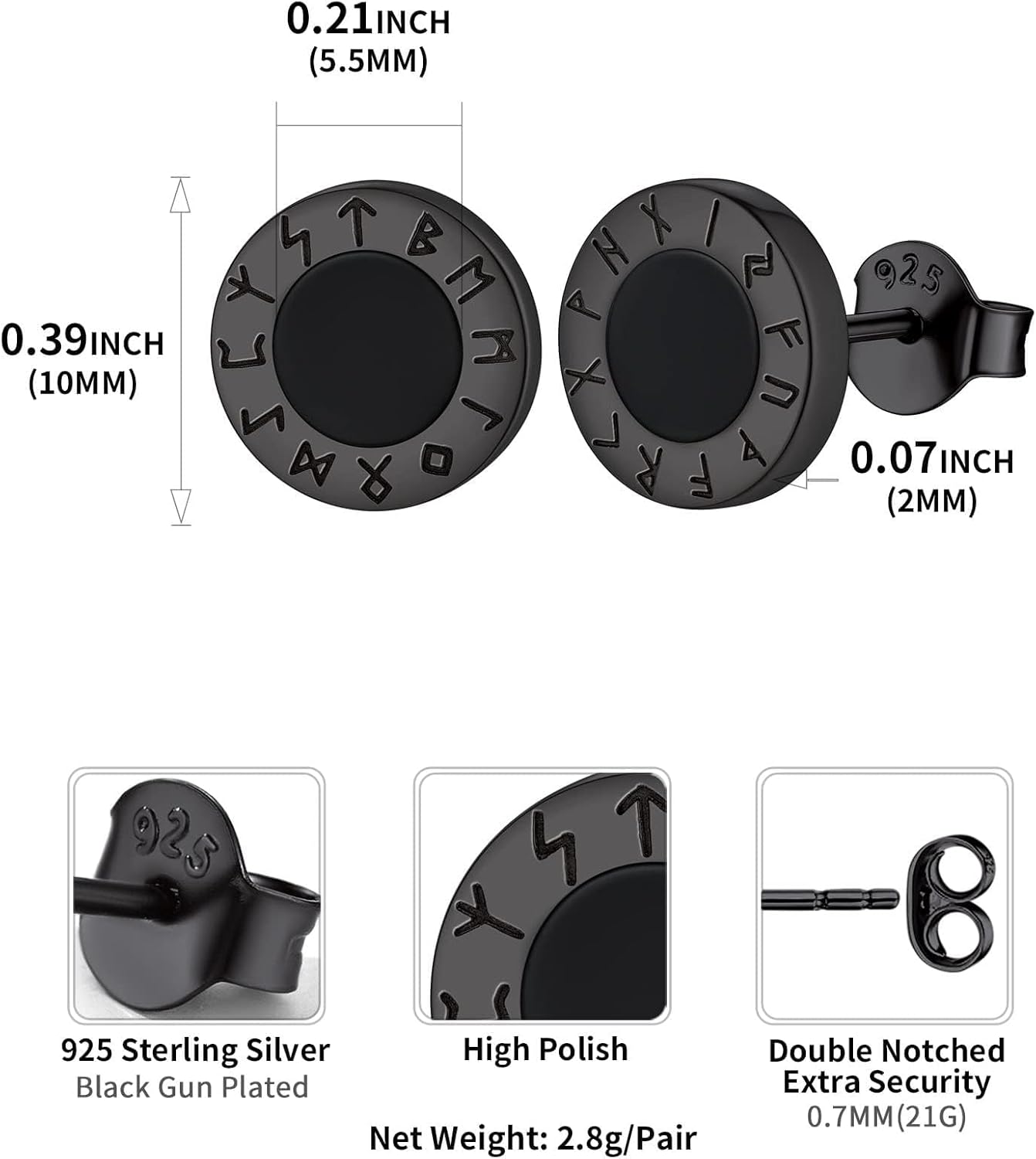 Viking Front Rune Outer Ring Black Onyx Stud Earrings Details: Dimensions, Hypoallergenic, Push Back Finding