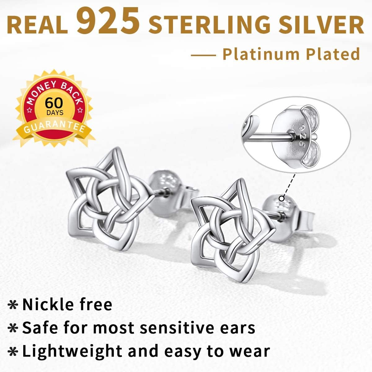 Sterling Silver Irish Celtic Eternity Flower Love Knot Pentagram Stud Earrings