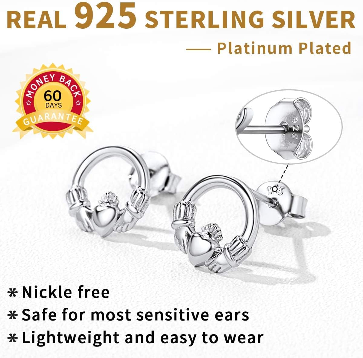 Sterling Silver Celtic Claddagh Friendship Love Heart Stud Earrings