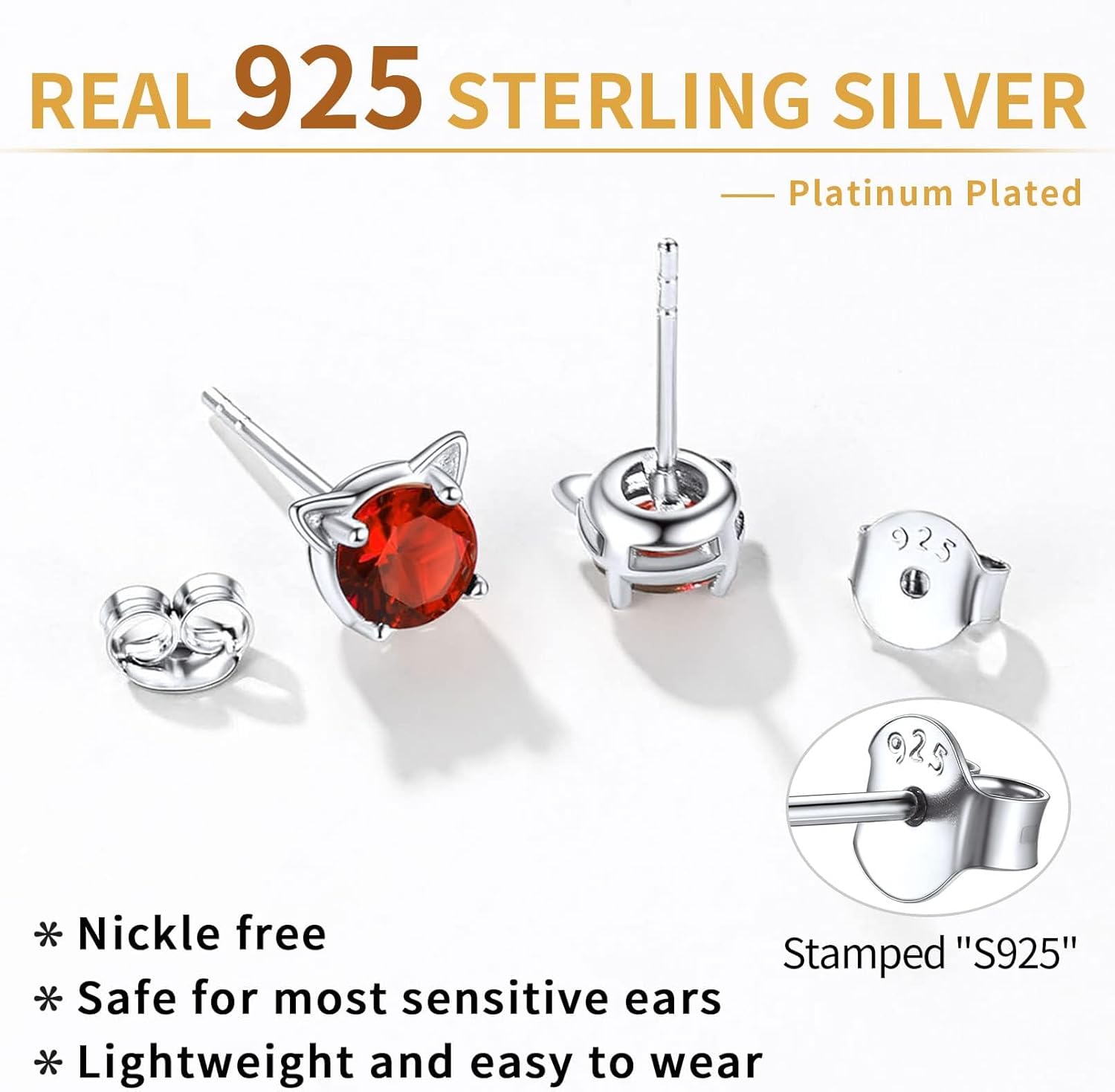 Cute Cat Diamond Birthstone Stud Earrings for women, july birthstone, Ruby birthstone, Cancer Birthstone, Leo Birthstone, sterling silver jewelry, gift idea