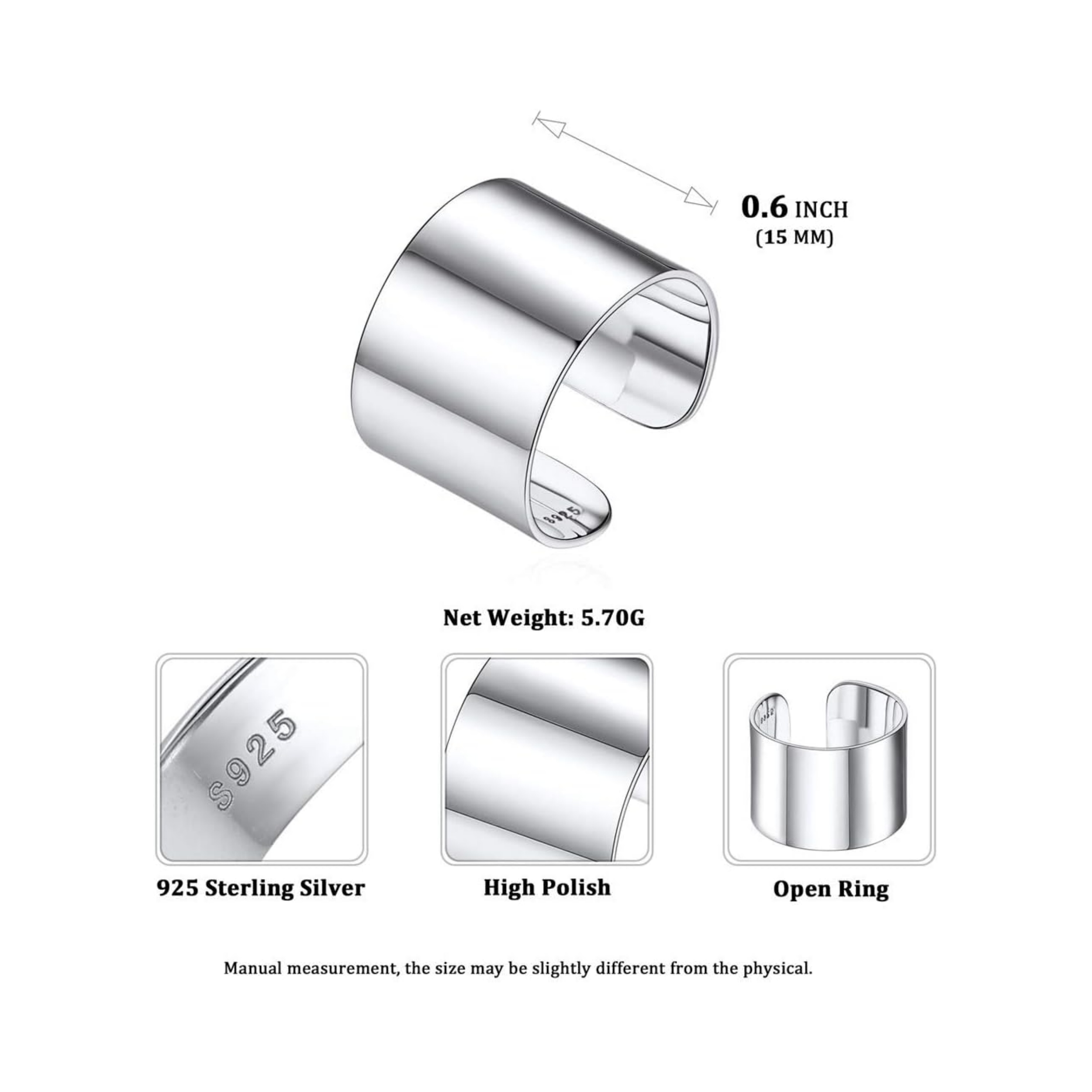 High Polished Plain Dome Adjustable Flat Wide Cuff Ring for Men & Women  Details: Dimensions, Hypoallergenic, Ring Size: 8 (Can be adjusted slightly 6-12). Ring Width: 5MM, 10MM, 15MM.