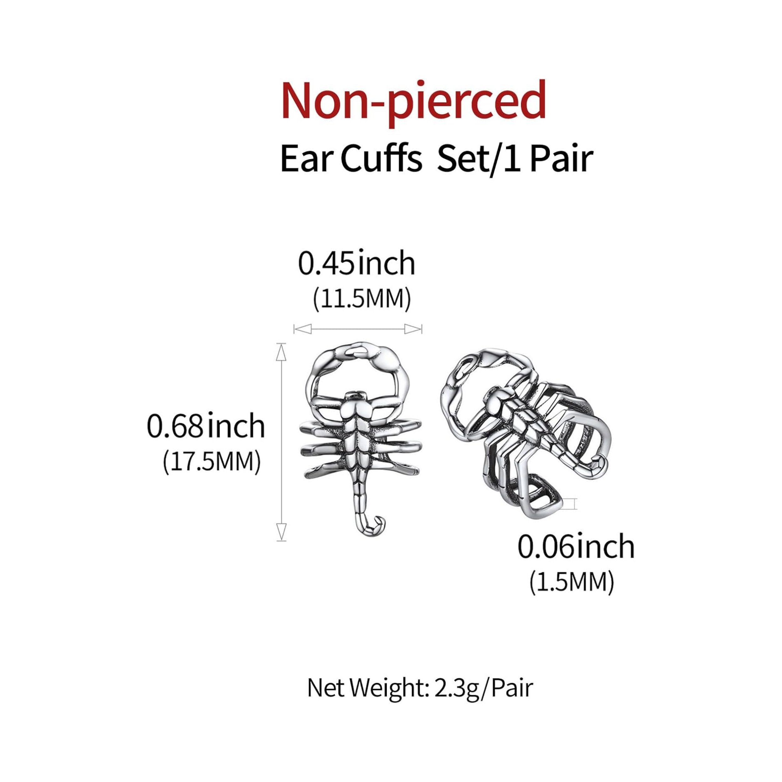 Scorpion Non-Piercing Cartilage Cuffs Earrings Details: Dimensions, Hypoallergenic, Clip On.
