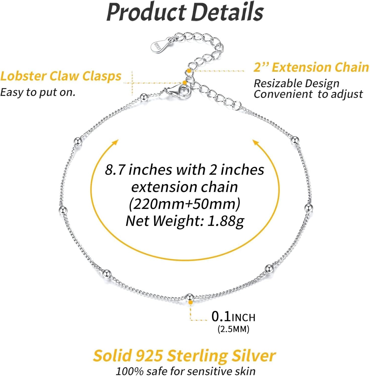 Cute Tiny Bead Chain Anklets Details: Dimensions, Hypoallergenic, Lobster-Claw-Clasps