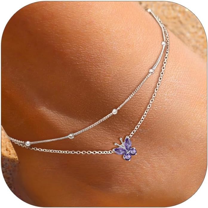 Adjustable Layered Butterfly Birthstone Anklet