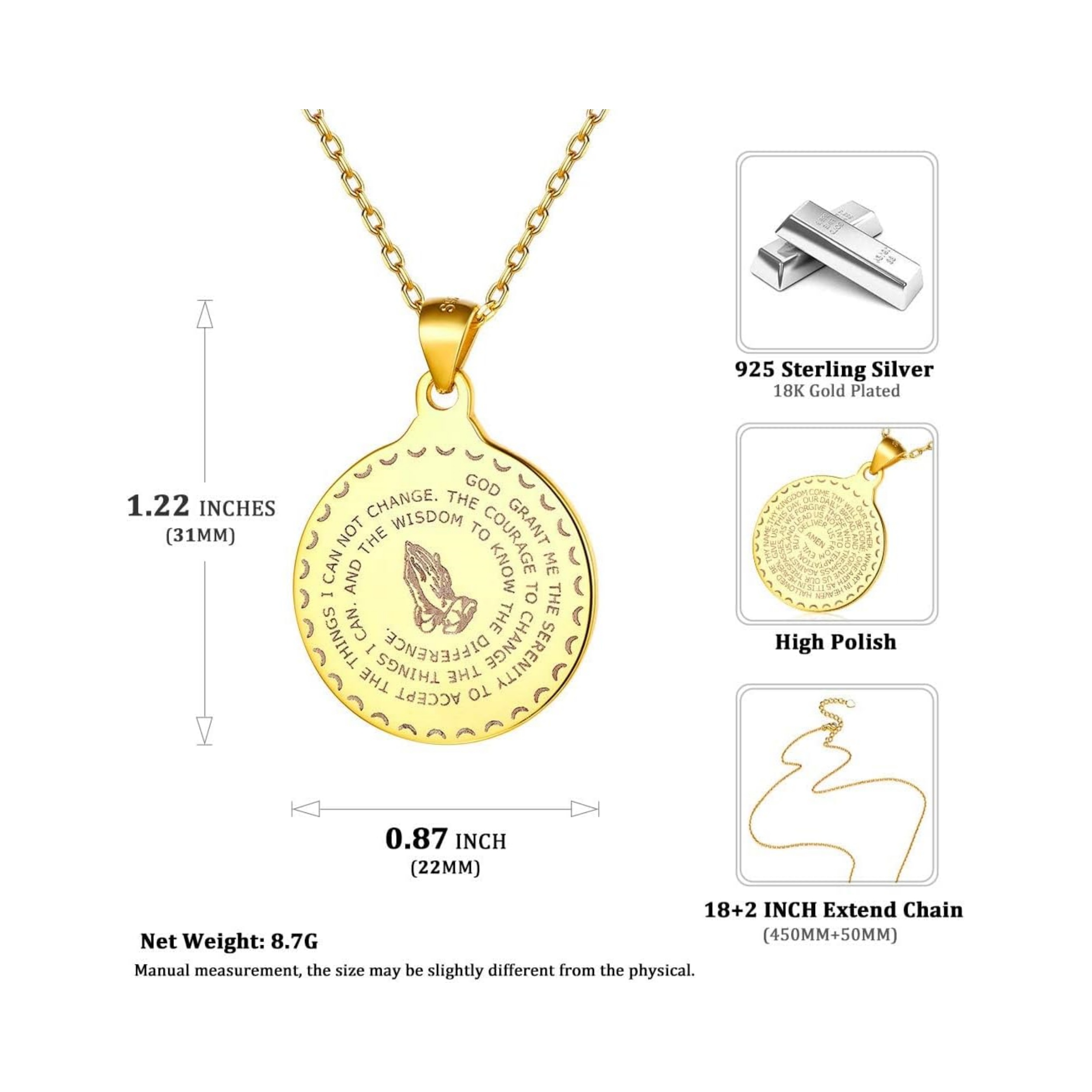 Bible Verse Prayer Hands Coin Medal Pendant Necklace Details: Dimensions, Hypoallergenic, Lobster-Claw-Clasps