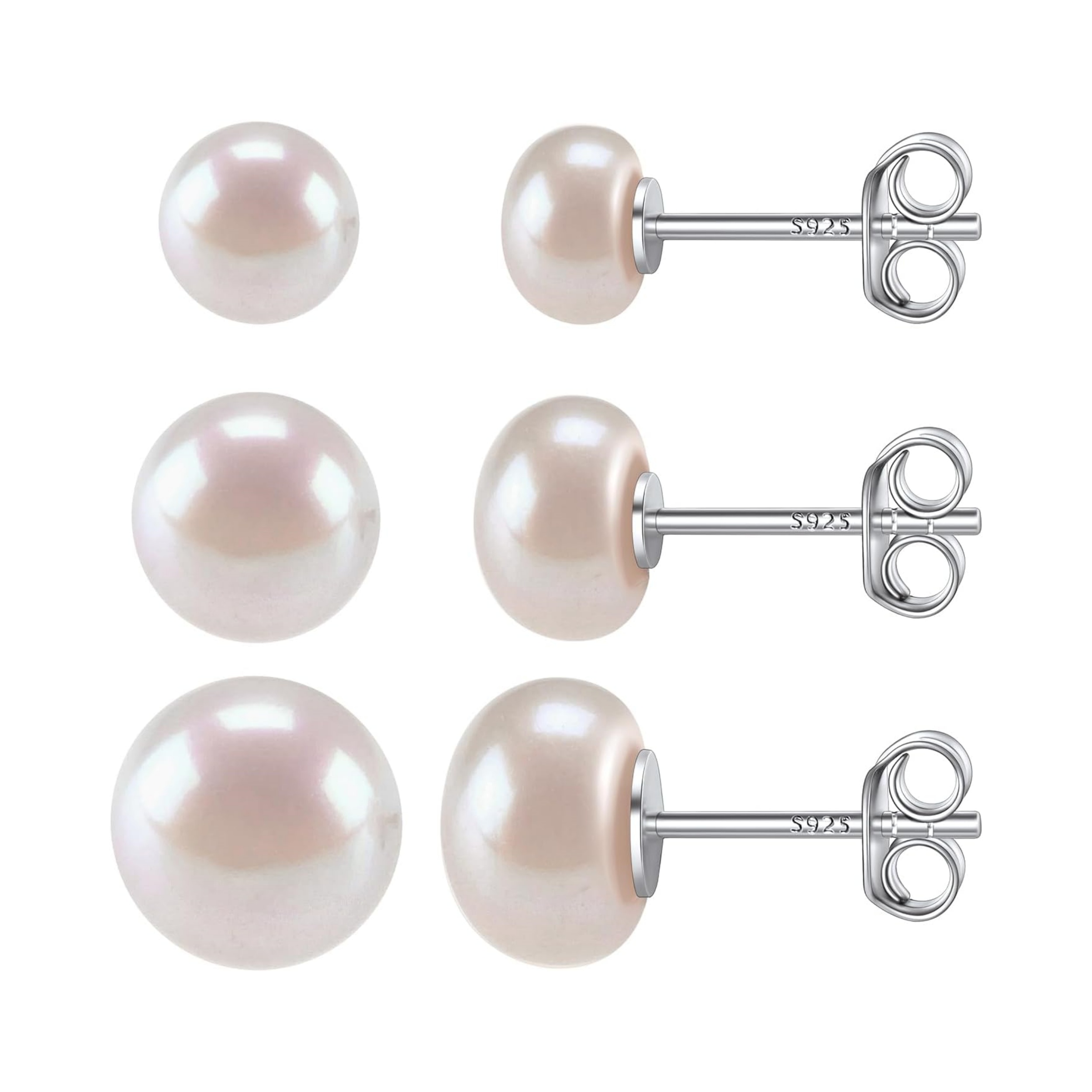3 Pairs Freshwater Cultured White Button Pearl Stud Earrings for Women