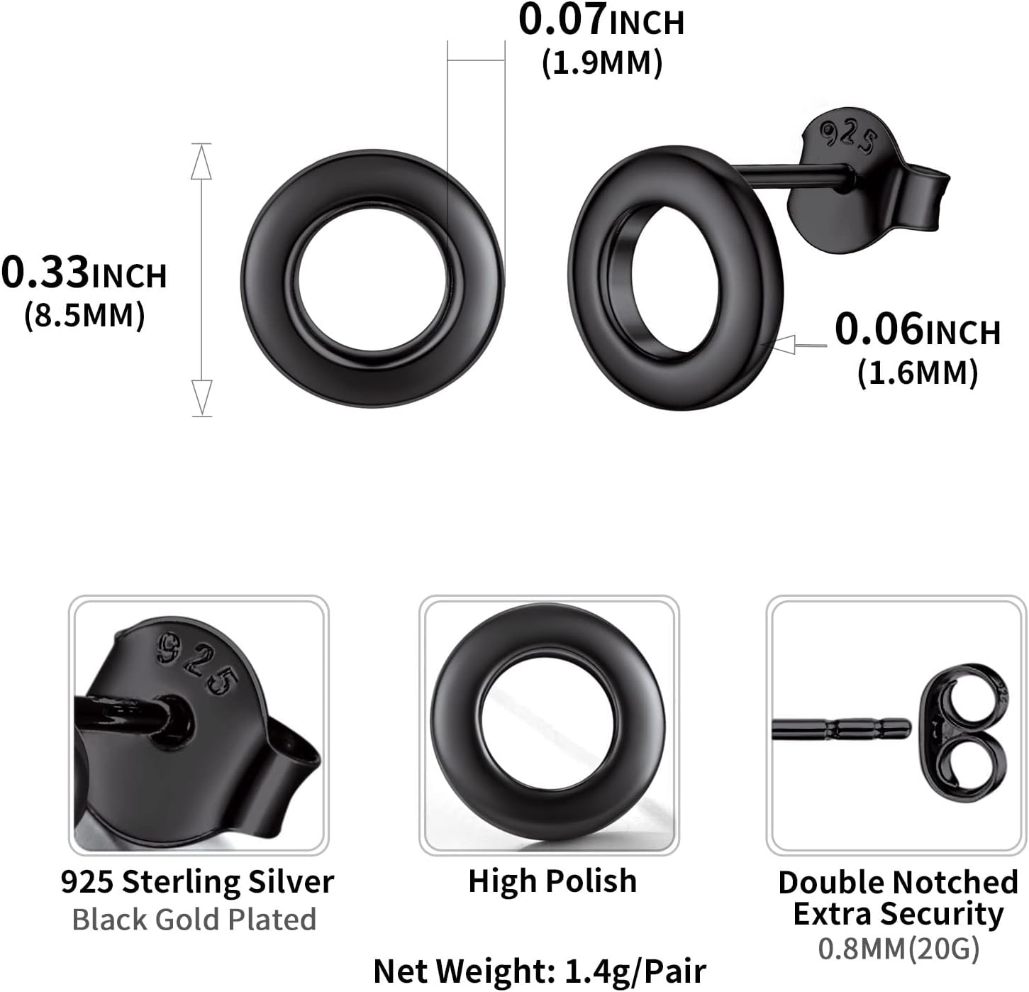 Dainty Simple Circle Stud Earrings Details: Dimensions, Hypoallergenic, Push Back Finding.