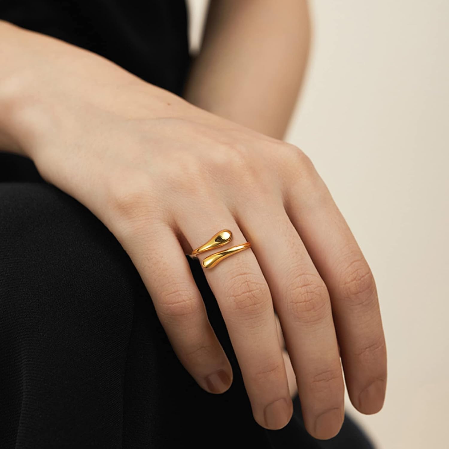 High Polish Minimalist Teardrop Open Adjustable Ring