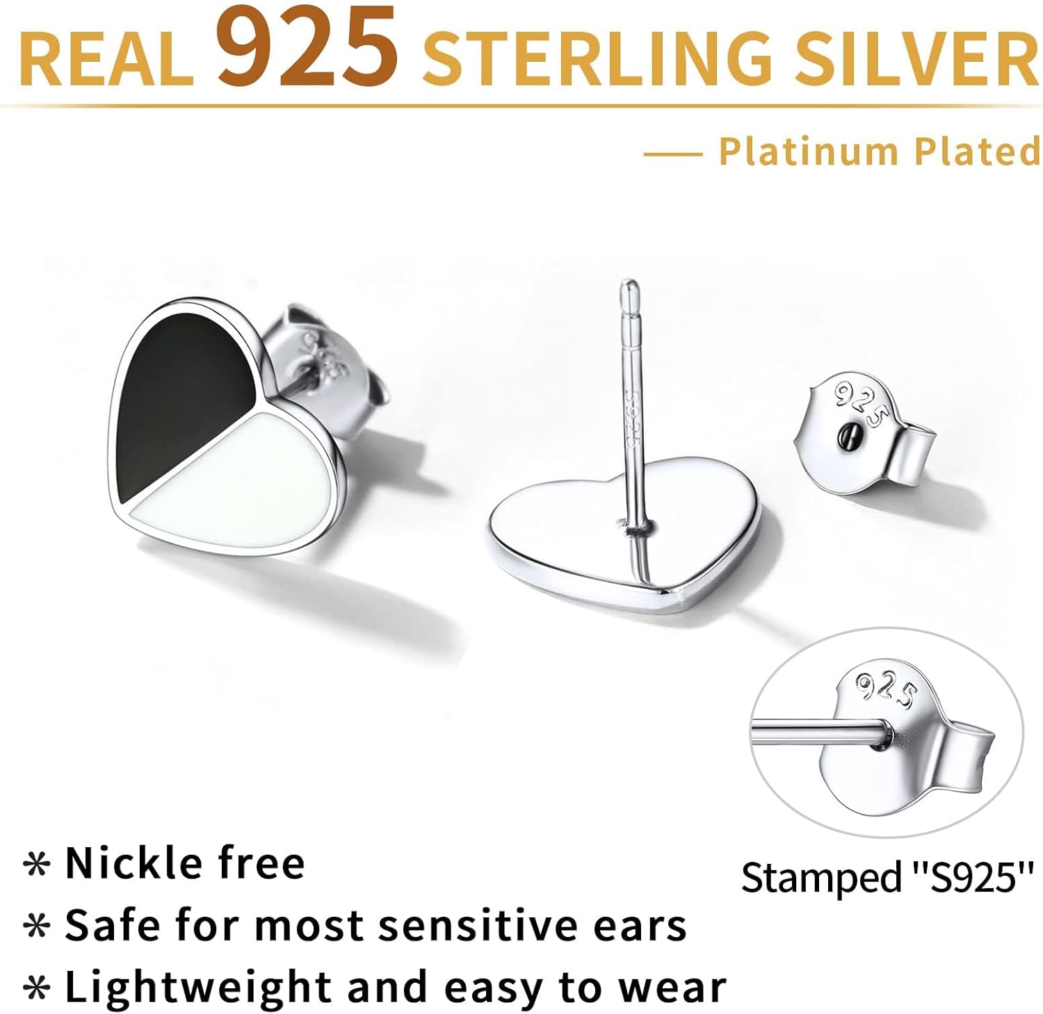 Sterling Silver White & Black Heart Stud Earrings