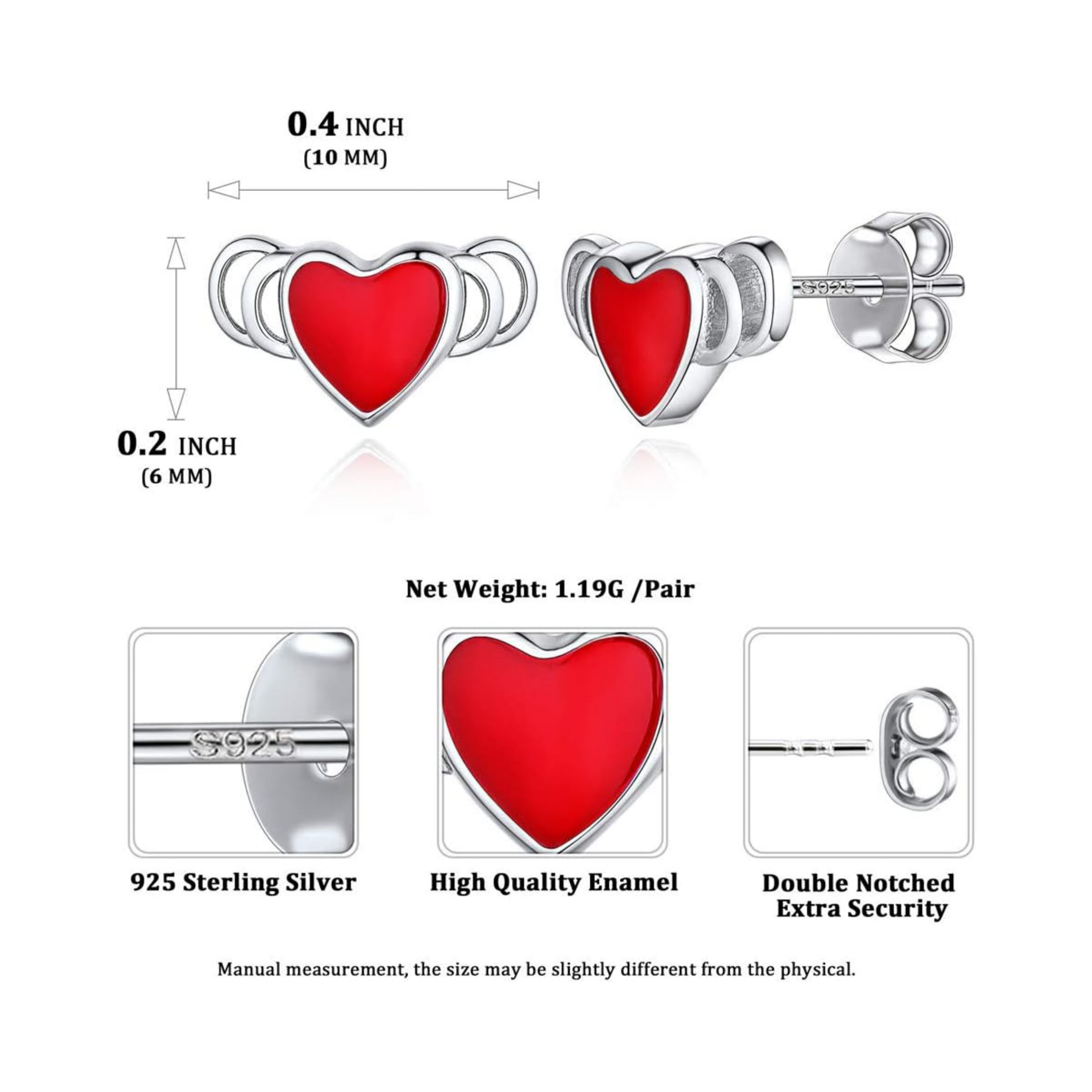 Mini Dainty Enamel Heart  Studs Earrings Details: Dimensions, Hypoallergenic, Push Back Finding