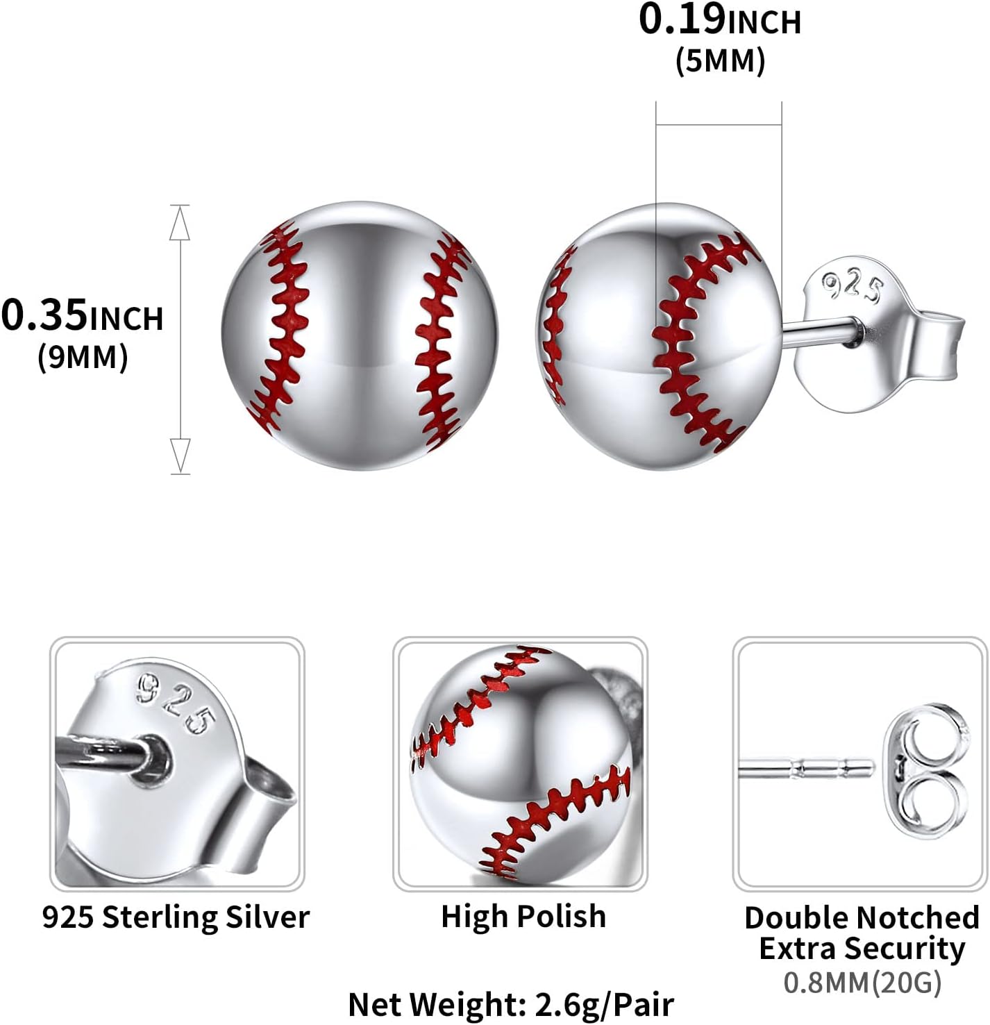 Baseball Stud Earrings for Women & Men Details: Dimensions, Hypoallergenic, Lever Back.