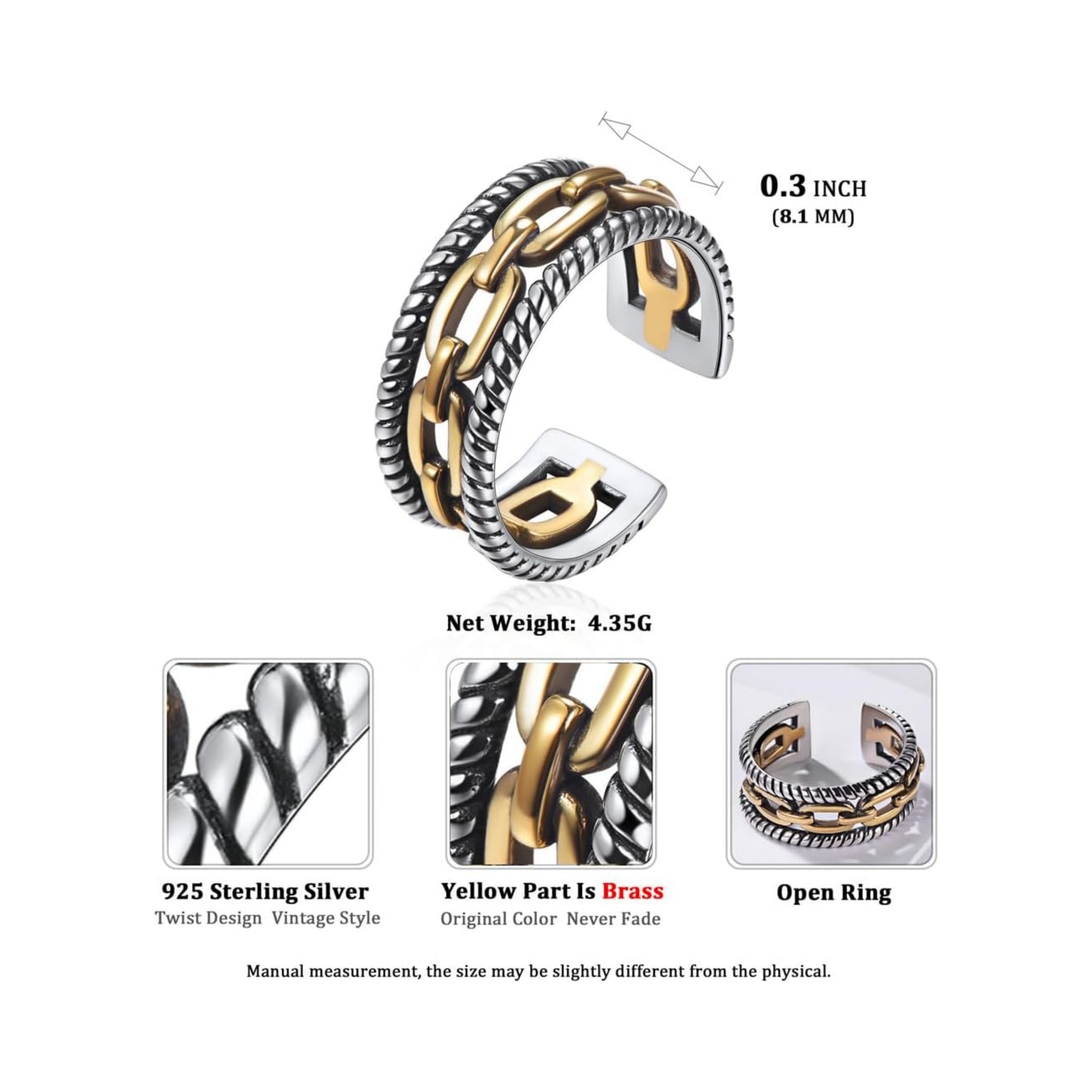 Retro Cuban Link Chain Rings for Men & Women Details: Dimensions, Hypoallergenic, Ring Size-8. Can be adjusted slightly(6-10).