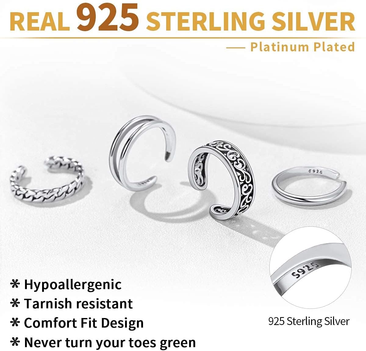 Sterling Silver 4PCS Adjustable Open Tail Band Hawaiian Toe Ring