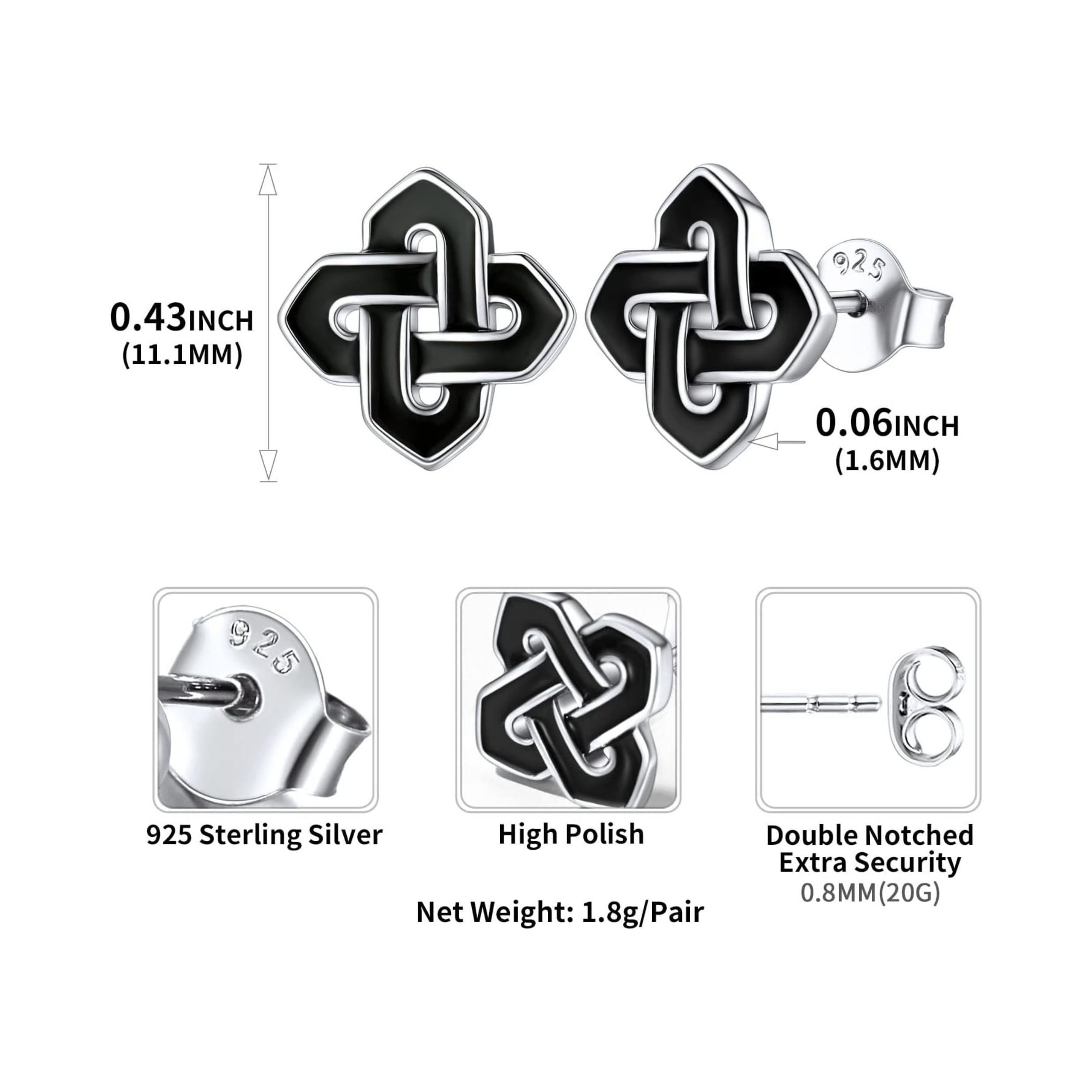 Quaternary Knot Simple Small Black Stud Earrings for Women Details: Dimensions, Hypoallergenic, Push Back Finding
