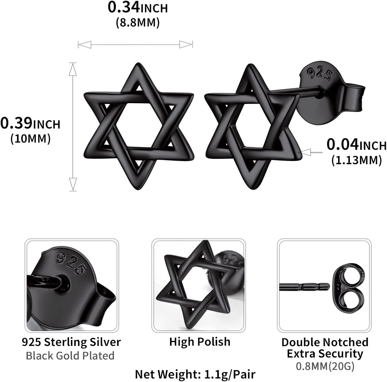 Star of David Stud Earrings Details: Dimensions, Hypoallergenic, Lever Back.