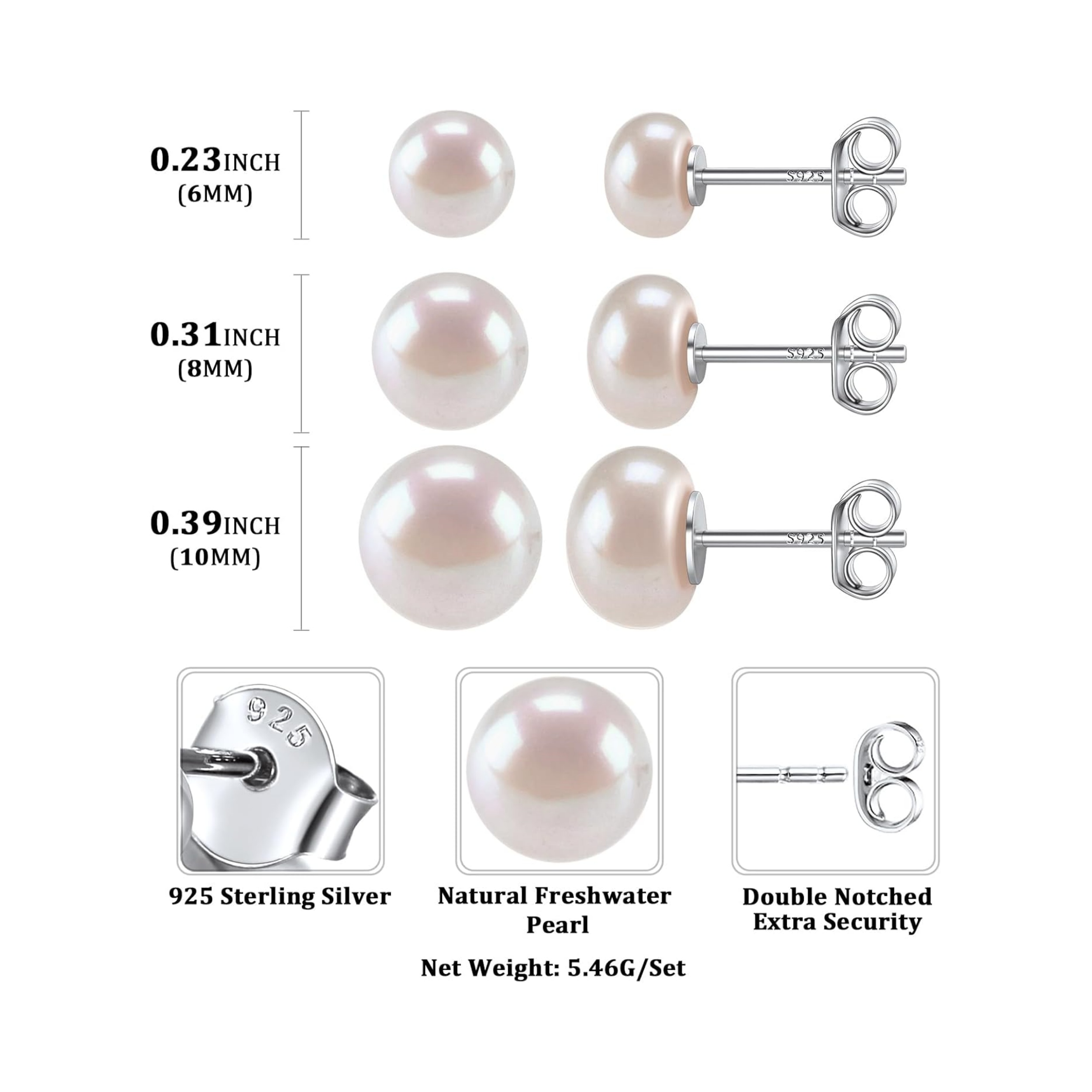 3 Pairs Freshwater Cultured White Button Pearl Stud Earrings  Details: Dimensions, Hypoallergenic, Lever Back.