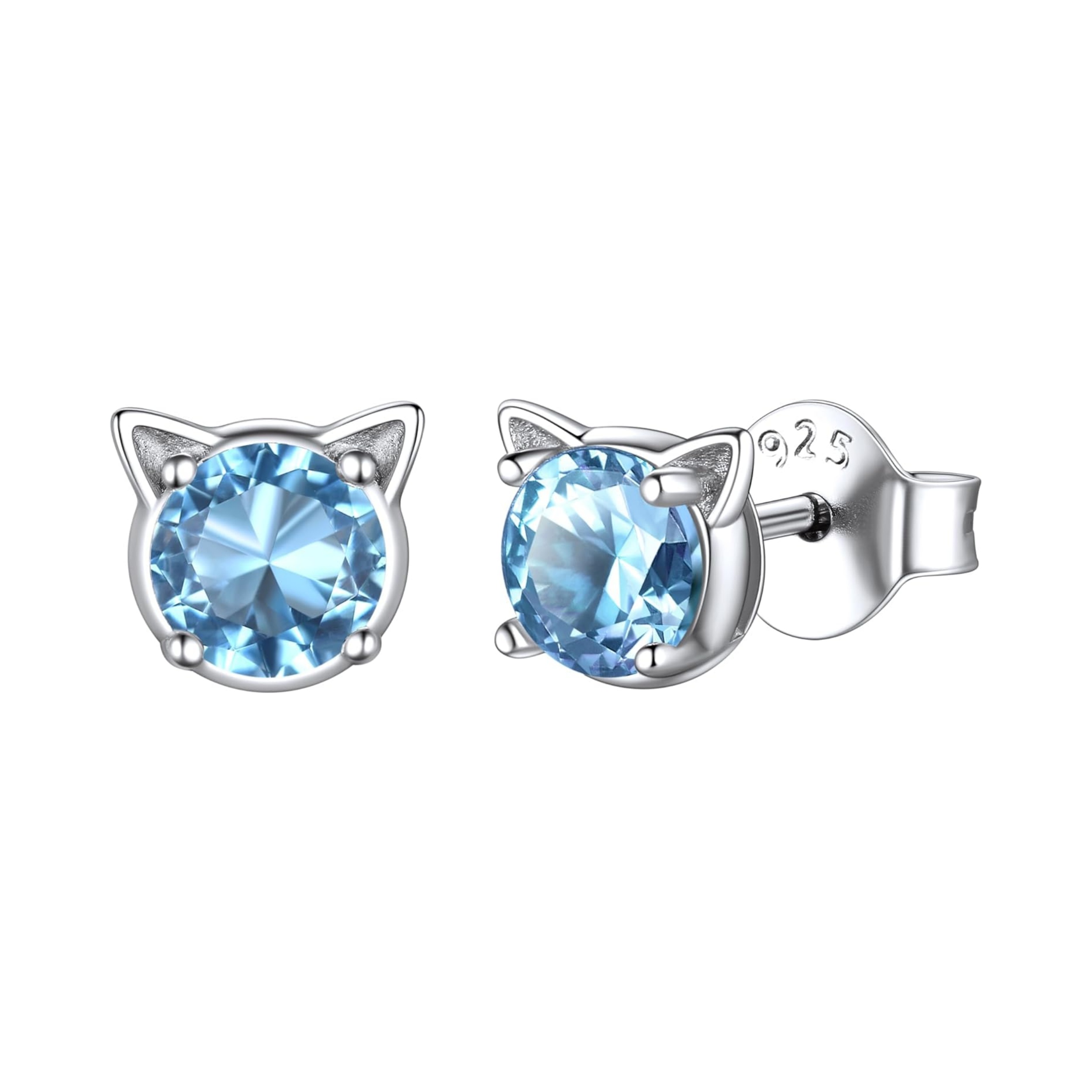 Cute Cat Diamond Birthstone Stud Earrings for women, march birthstone, Aquamarine Pendant, Pisces Birthstone, Aries Birthstone, sterling silver jewelry, gift idea