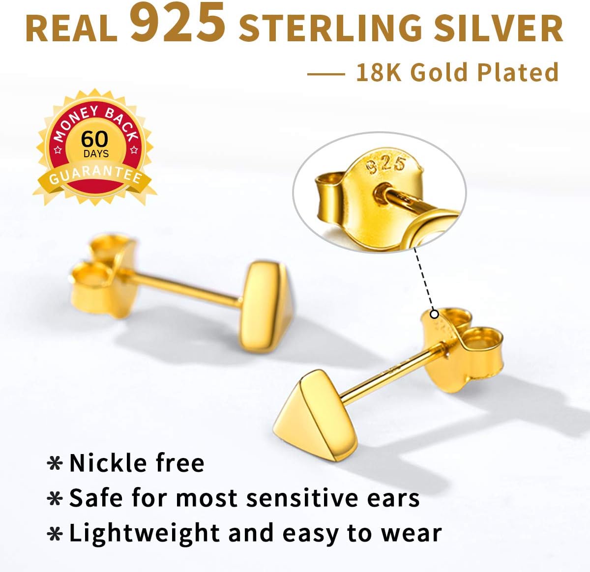 Sterling Silver Hypoallergenic Minimalist Small Geometric Dainty Simple Triangle Studs Earrings