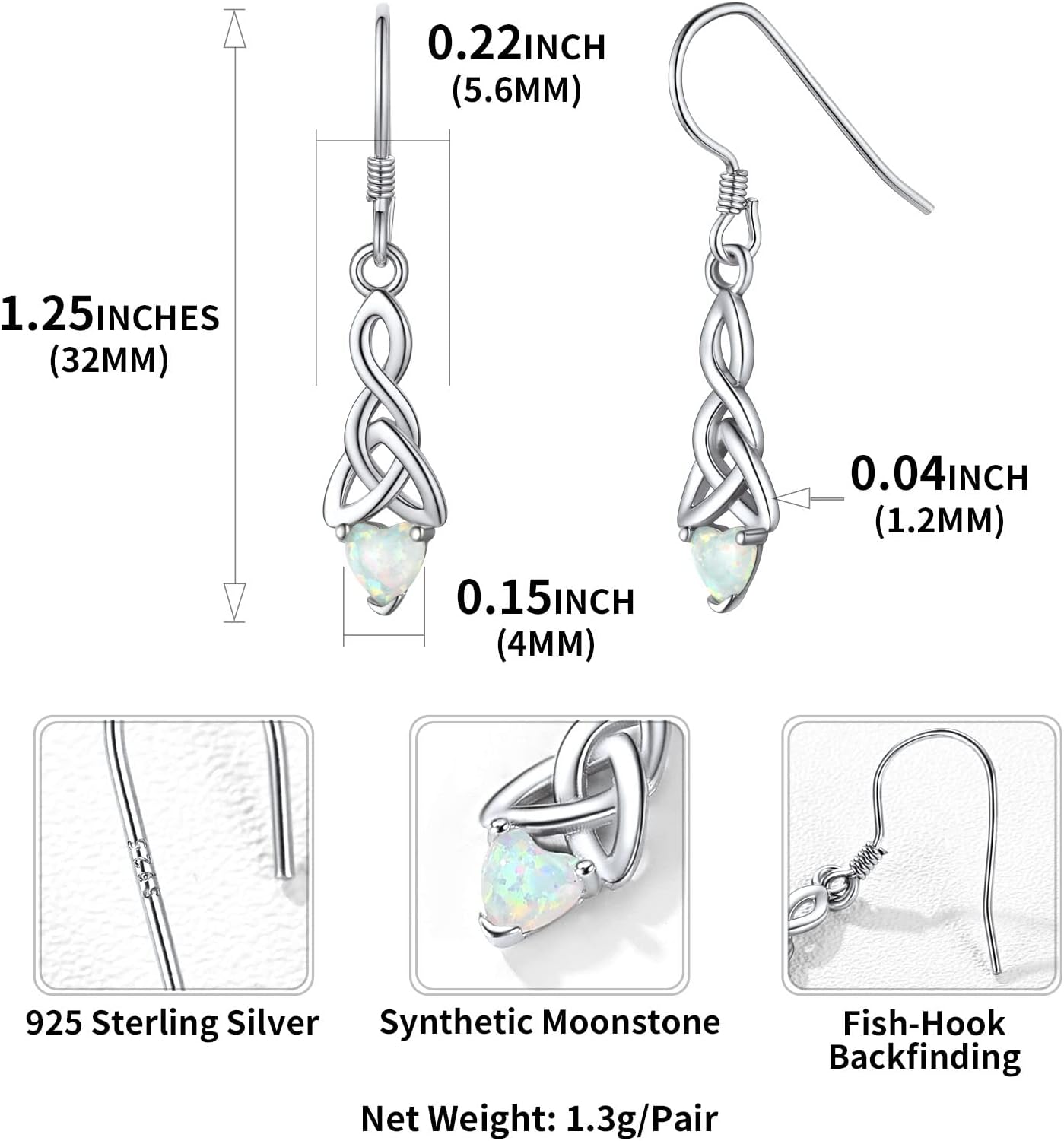 Heart Opal Irish Celtic Knot Drop Dangle Earrings