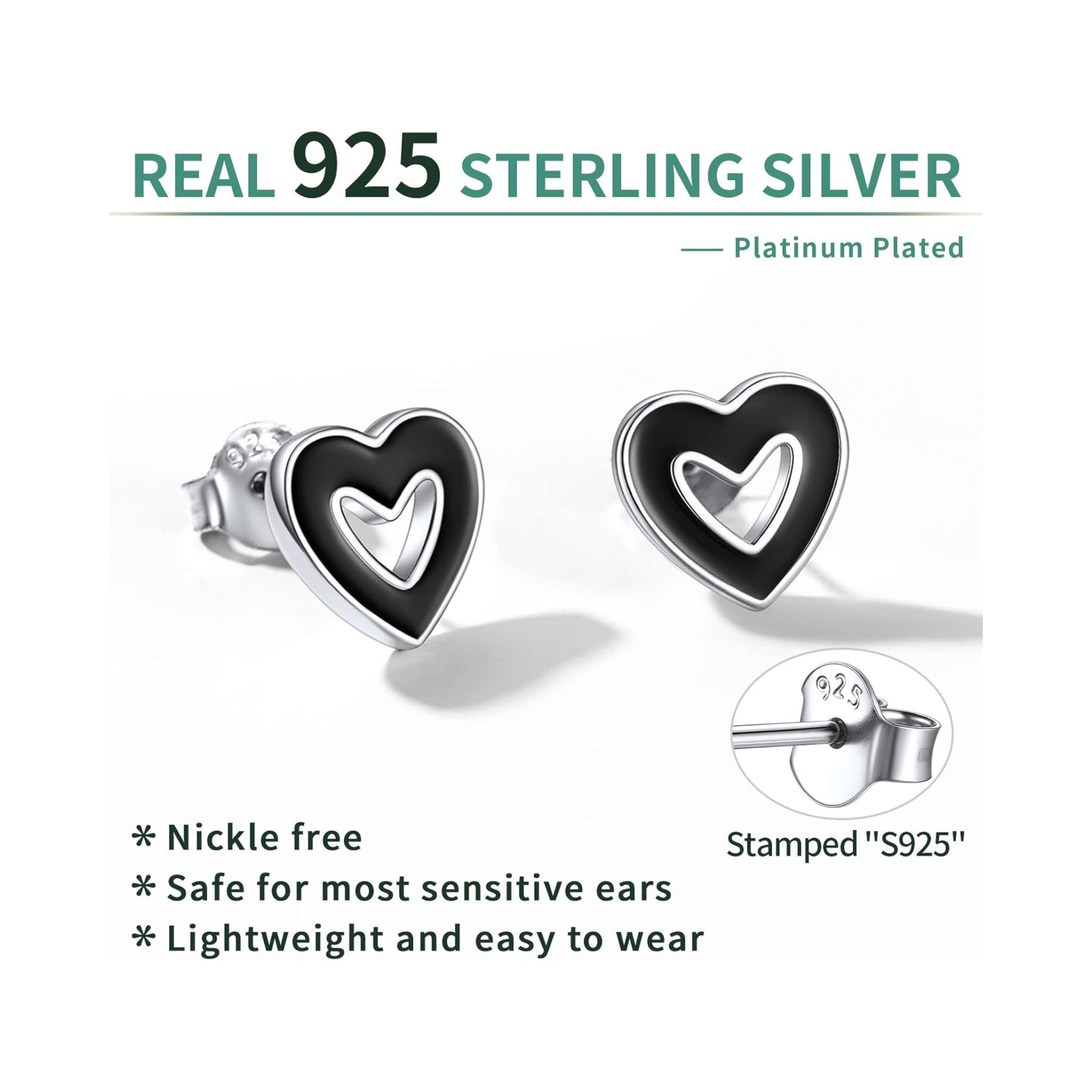 Sterling Silver Black Hollow Heart Earrings for Women