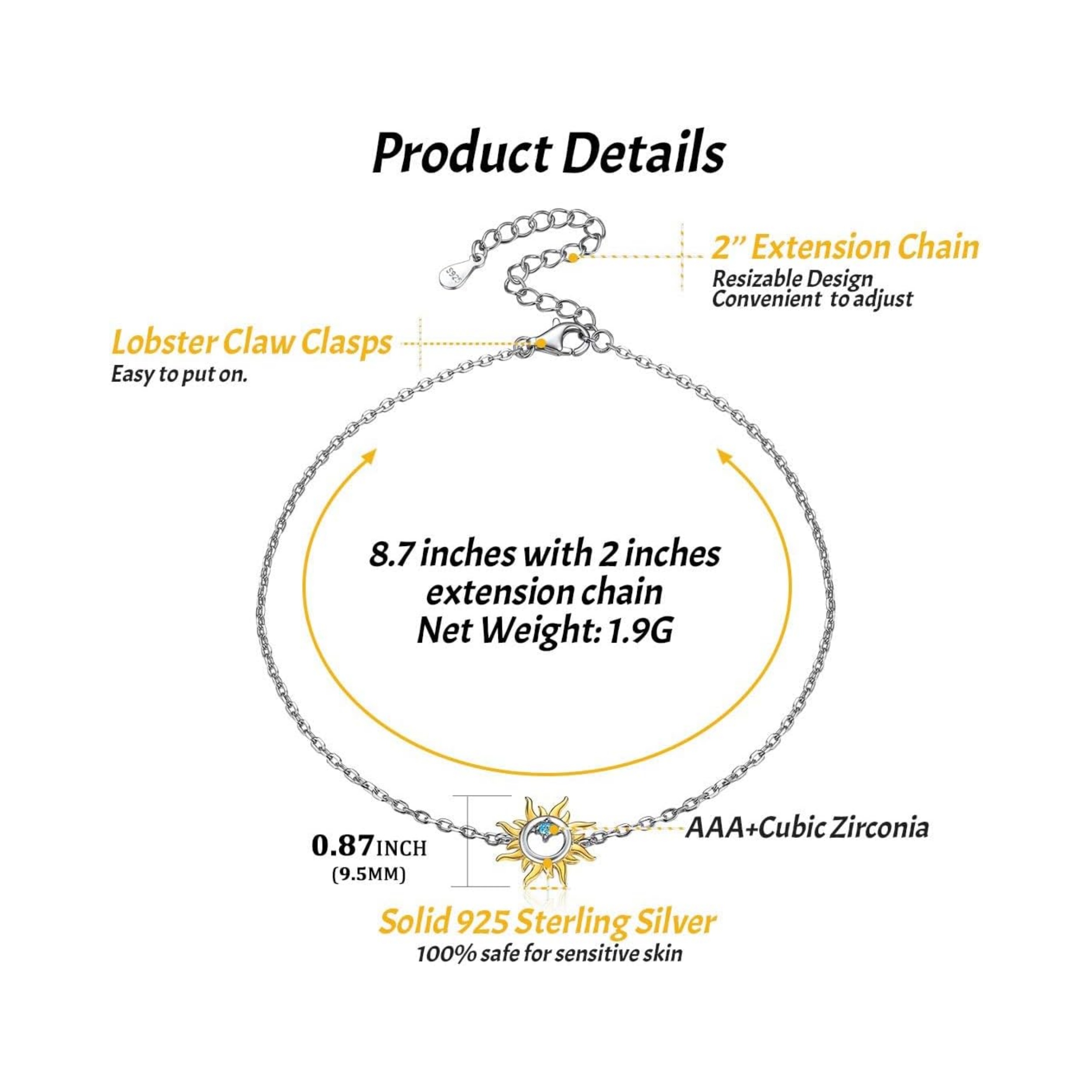 Dainty Blue Cubic Zirconia & Sun Anklets Details: Dimensions, Hypoallergenic, Lobster-Claw-Clasps