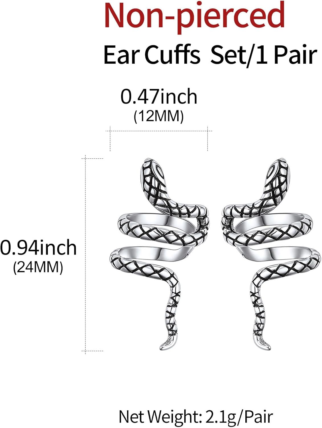 Snake Cuffs Non Piercing Stud Earrings Details: Dimensions, Hypoallergenic, Clip On.
