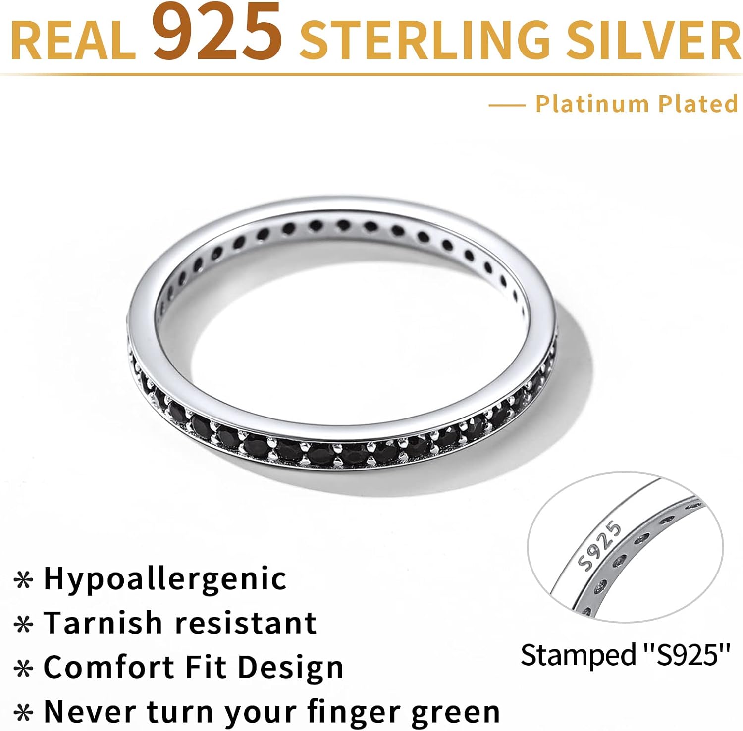 Sterling Silver Black Cubic Zirconia Stackable Engagement Band Ring for Women 