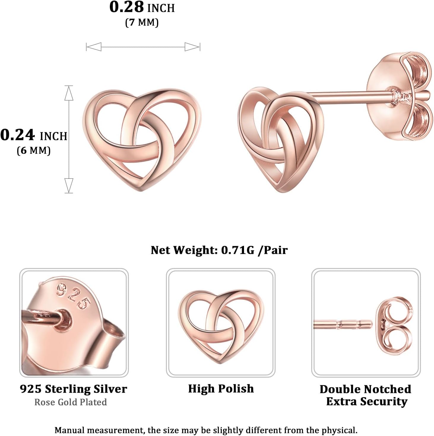 Rose Gold Heart Love Knot Irish Celtic Jewelry Stud Earrings, sterling silver jewlery, Sterling silver earrings, gift idea