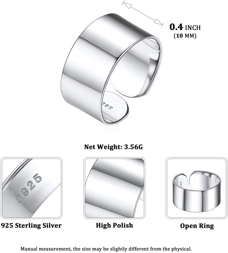 High Polished Plain Dome Adjustable Flat Wide Cuff Ring for Men & Women  Details: Dimensions, Hypoallergenic, Ring Size: 8 (Can be adjusted slightly 6-12). Ring Width: 5MM, 10MM, 15MM.