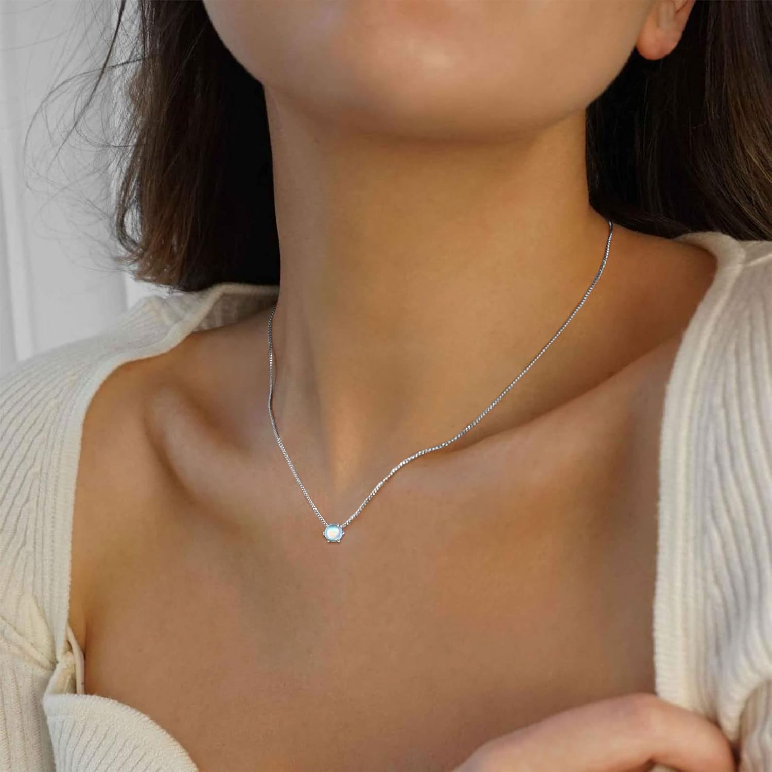 Round Cut Gemstone Solitaire June Moonstone Pendant Necklace