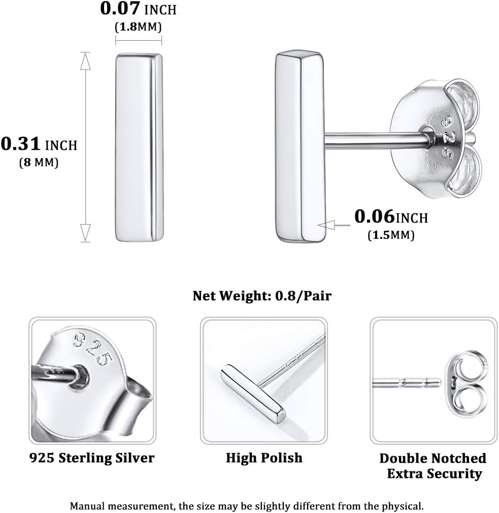 Dainty Simple Bar Stud Earrings Details: Dimensions, Hypoallergenic, Push Back Finding.
