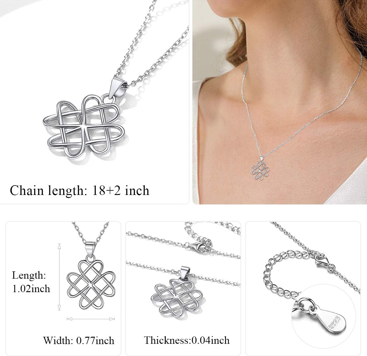 Celtic Love Knot Good Luck Necklaces Details: Dimensions, Hypoallergenic, Lobster-Claw-Clasps