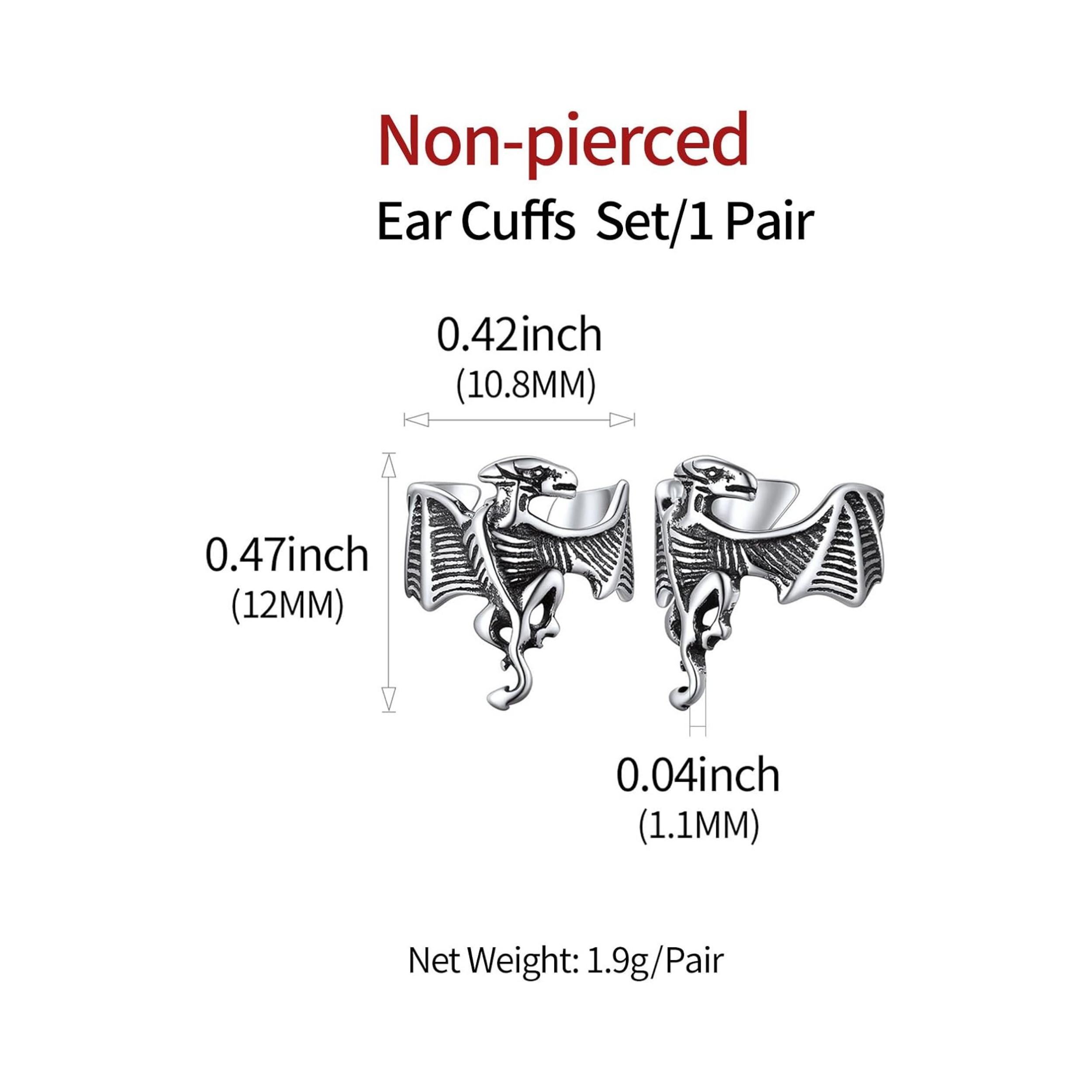 Dinosaur Non-Piercing Cartilage Cuff Earrings Details: Dimensions, Hypoallergenic, Clip On.