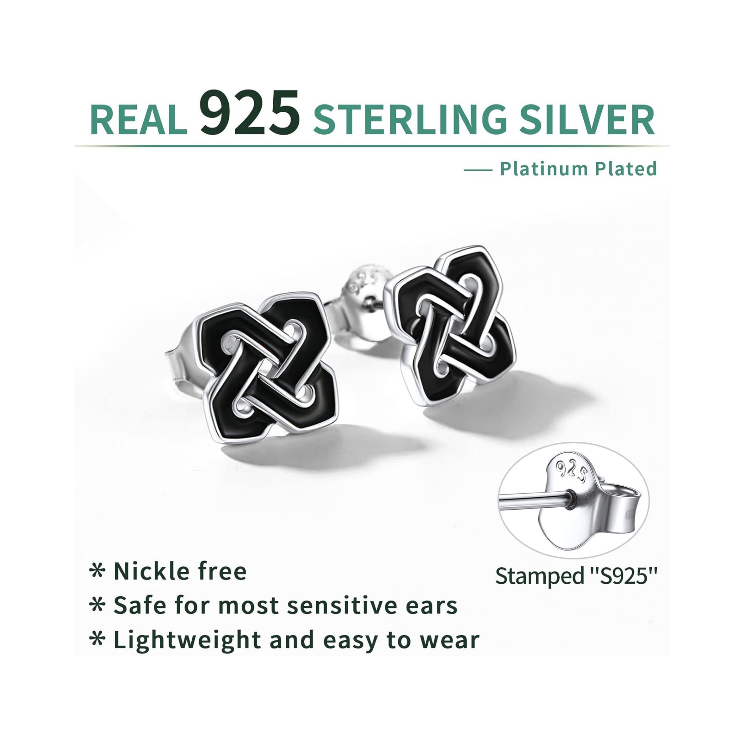 Sterling Silver  Quaternary Knot Simple Small Black Stud Earrings 