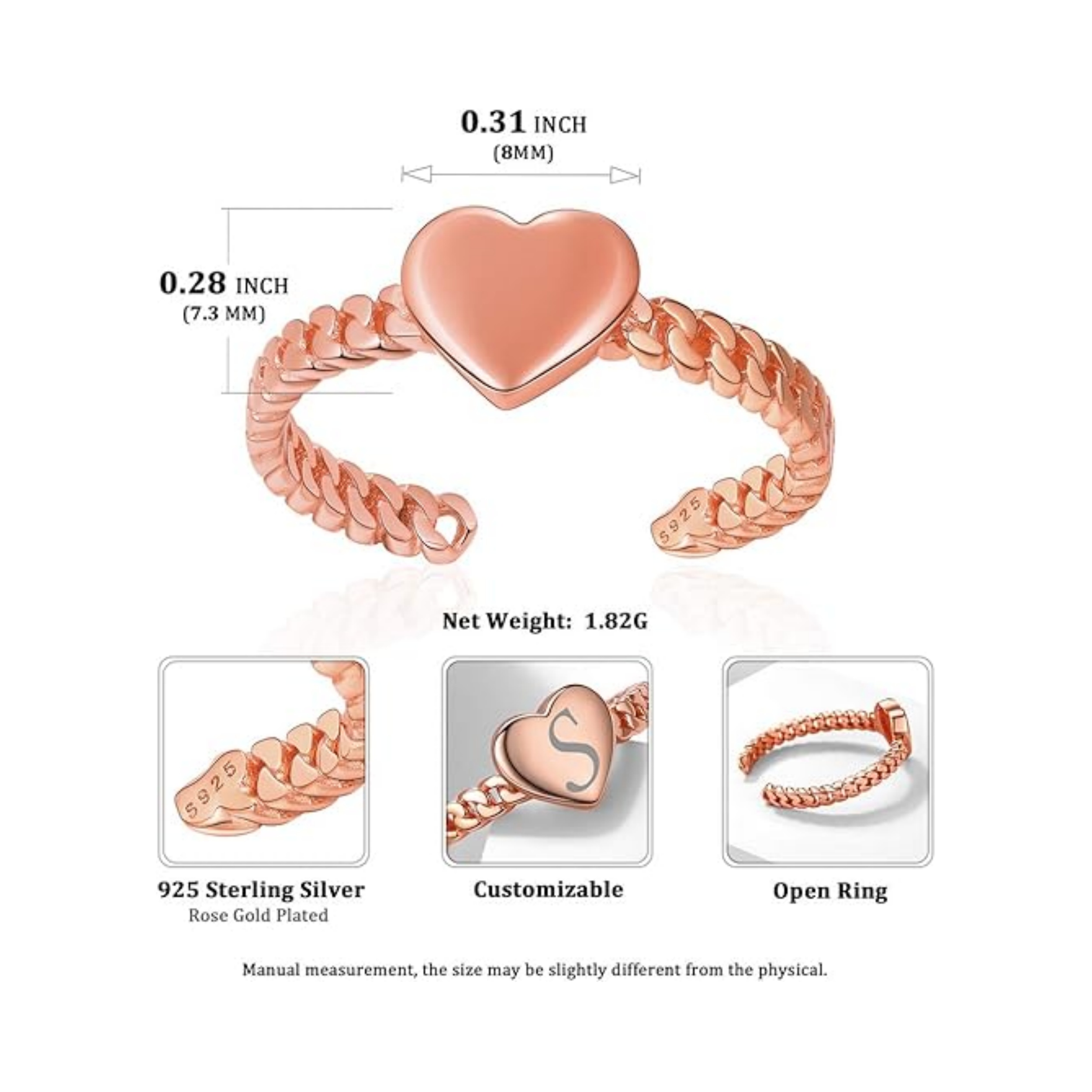 Heart Adjustable Open Ring Details: Dimensions, Hypoallergenic, Adjustable size for 6~11