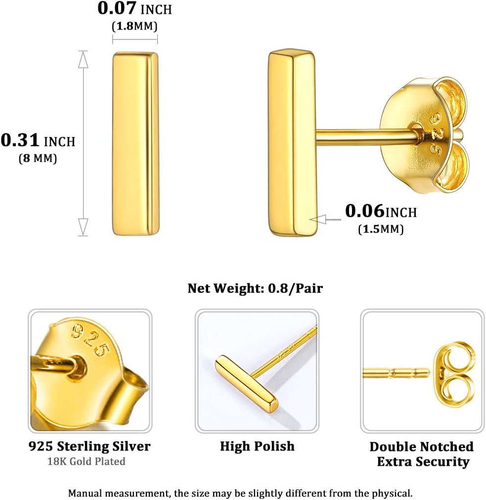 Dainty Simple Bar Stud Earrings Details: Dimensions, Hypoallergenic, Push Back Finding.