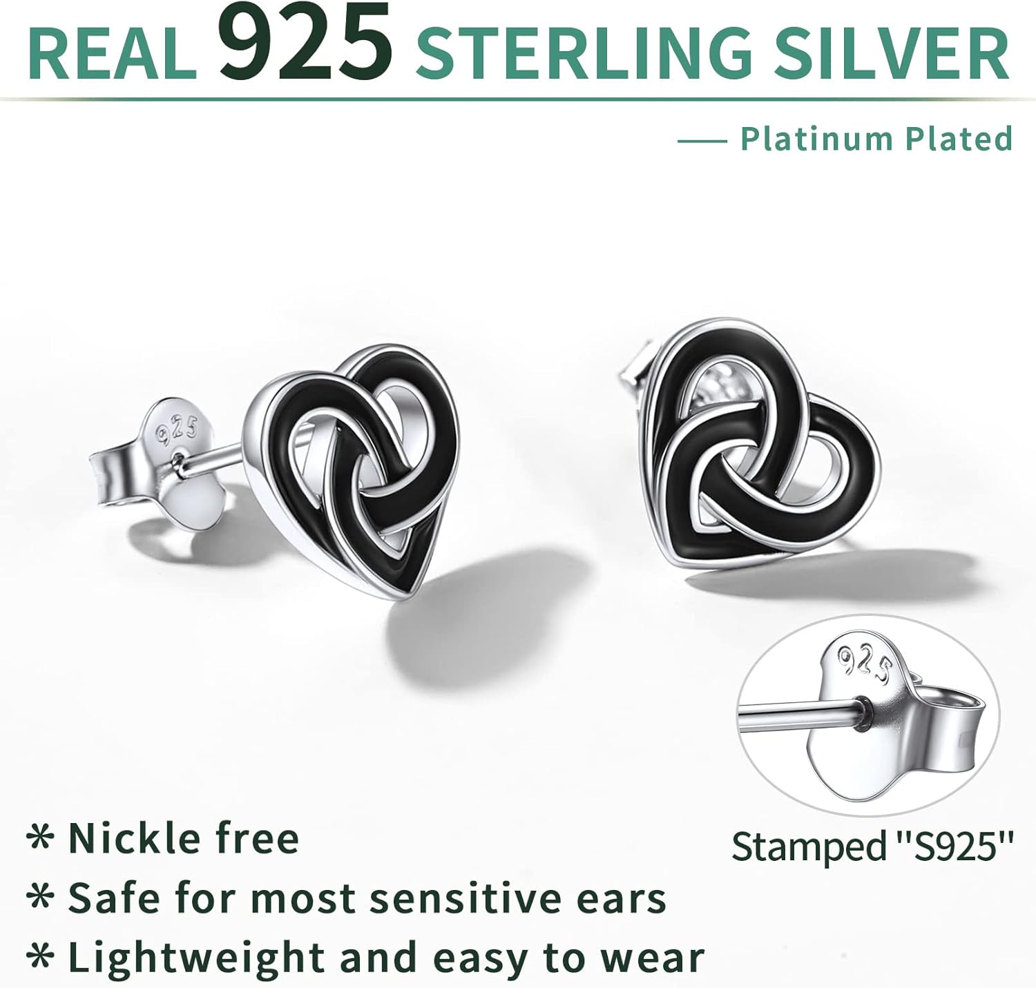 Sterling Silver Small Black Heart Celtic Knot Earrings