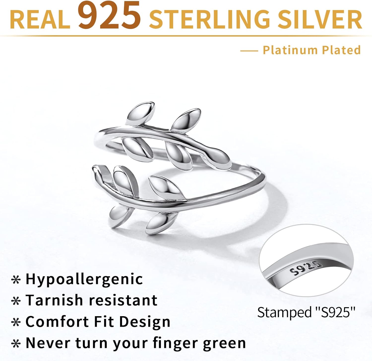 Sterling Silver Minimalist Leaf High Polish Tarnish Resistant Comfort Fit Open Adjustable Ring