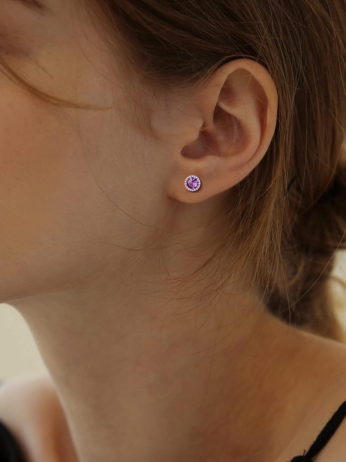Solitaire Round Brilliant Birthstone Stud Earrings for her, February birthstone, Amethyst Jewelry, Pisces Birthstone, Aquarius Birthstone, Sterling Silver Earrings, gift idea