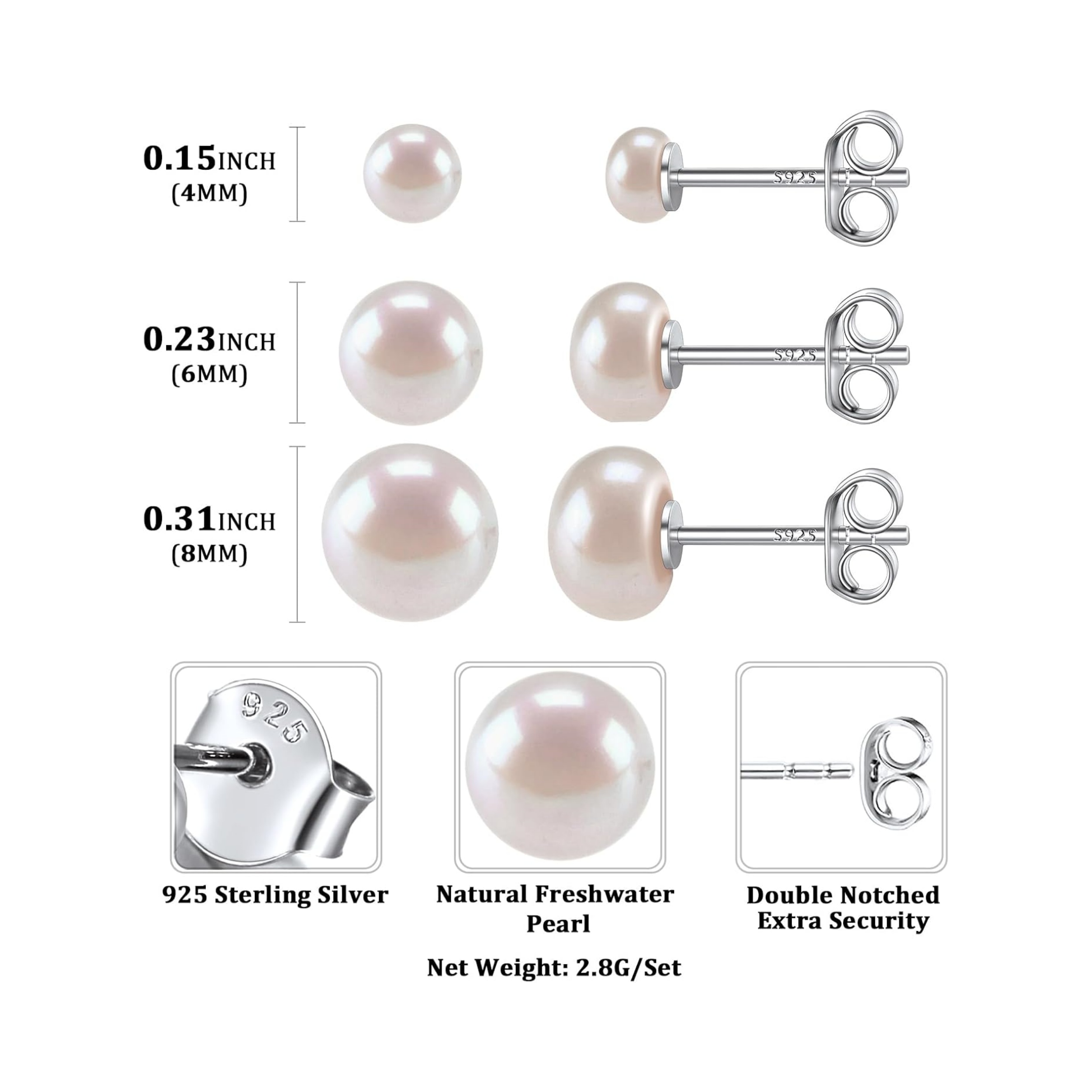 3 Pairs Freshwater Cultured White Button Pearl Stud Earrings  Details: Dimensions, Hypoallergenic, Lever Back.