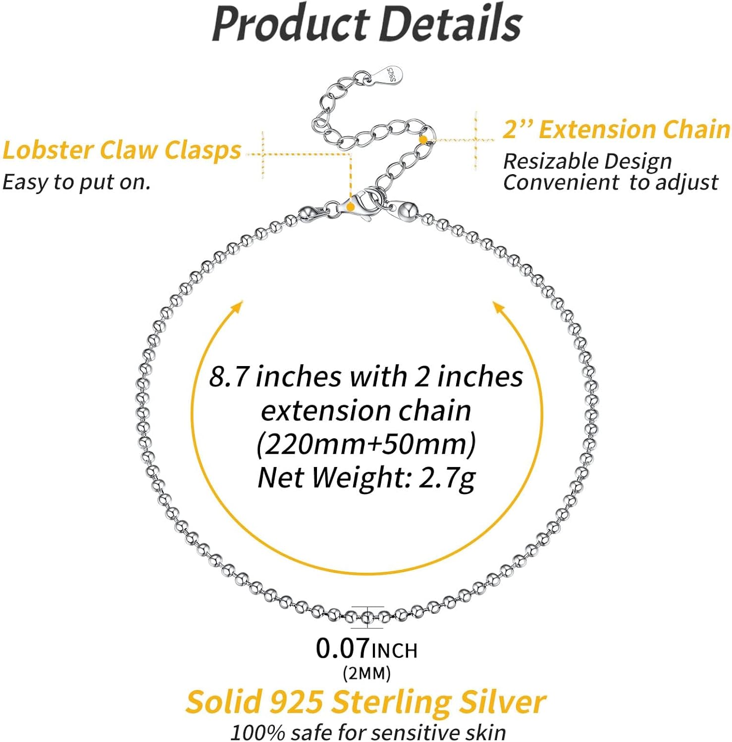 Round Bead Chain Anklets Details: Dimensions, Hypoallergenic, Lobster-Claw-Clasps